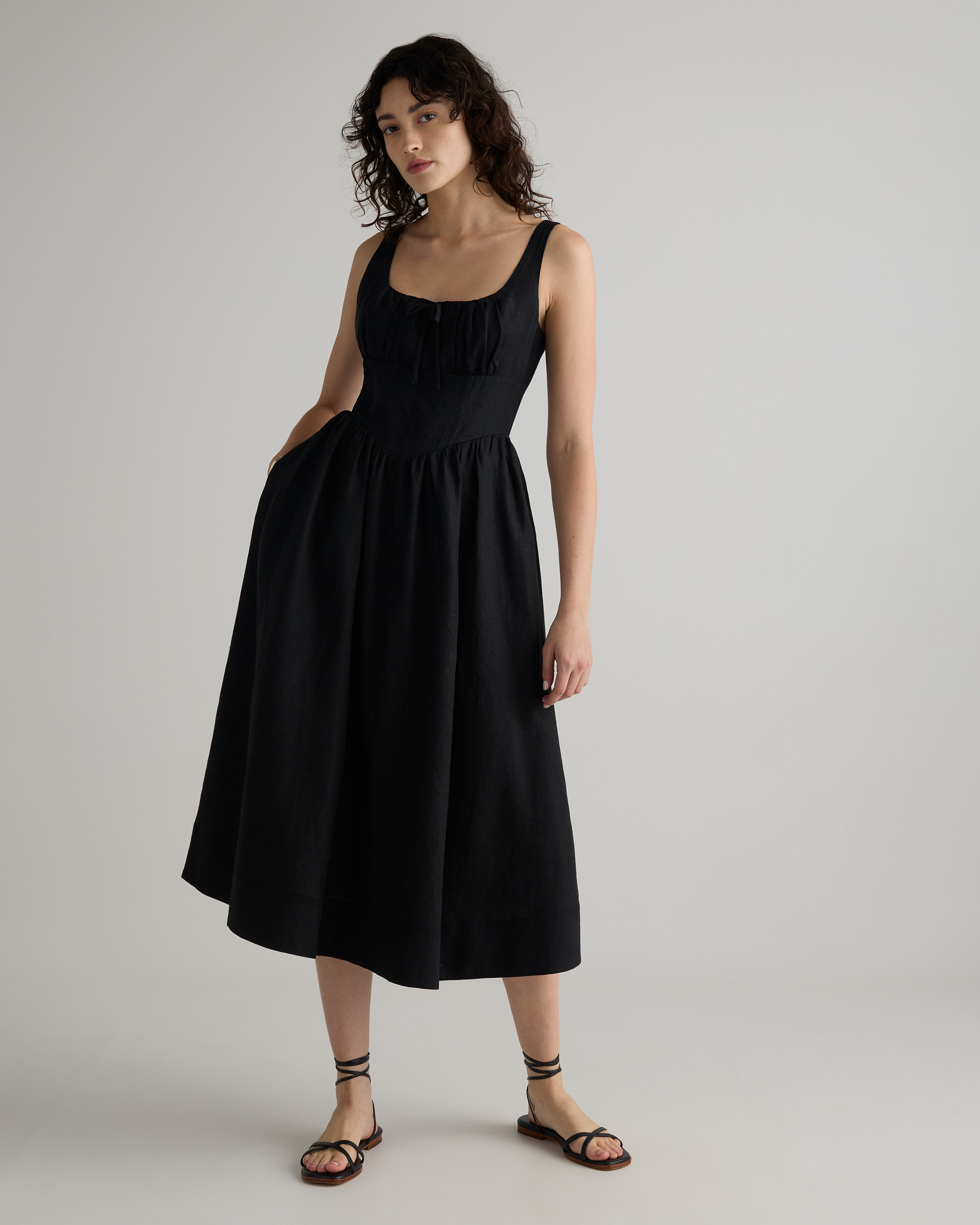Black 100% European Linen Corset Midi Dress