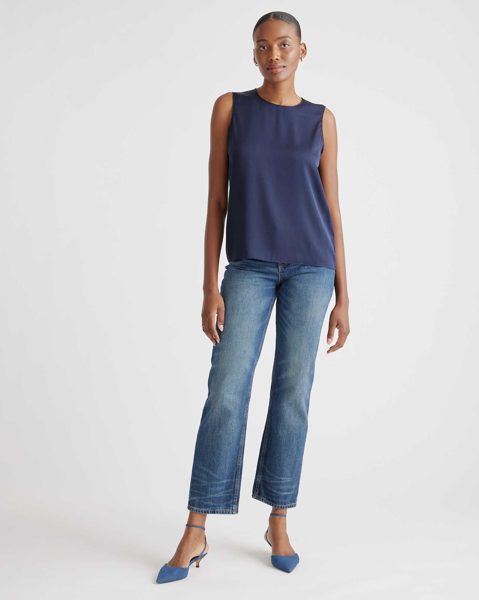 Washable Stretch Silk Shell Tank in Navy - Main Image