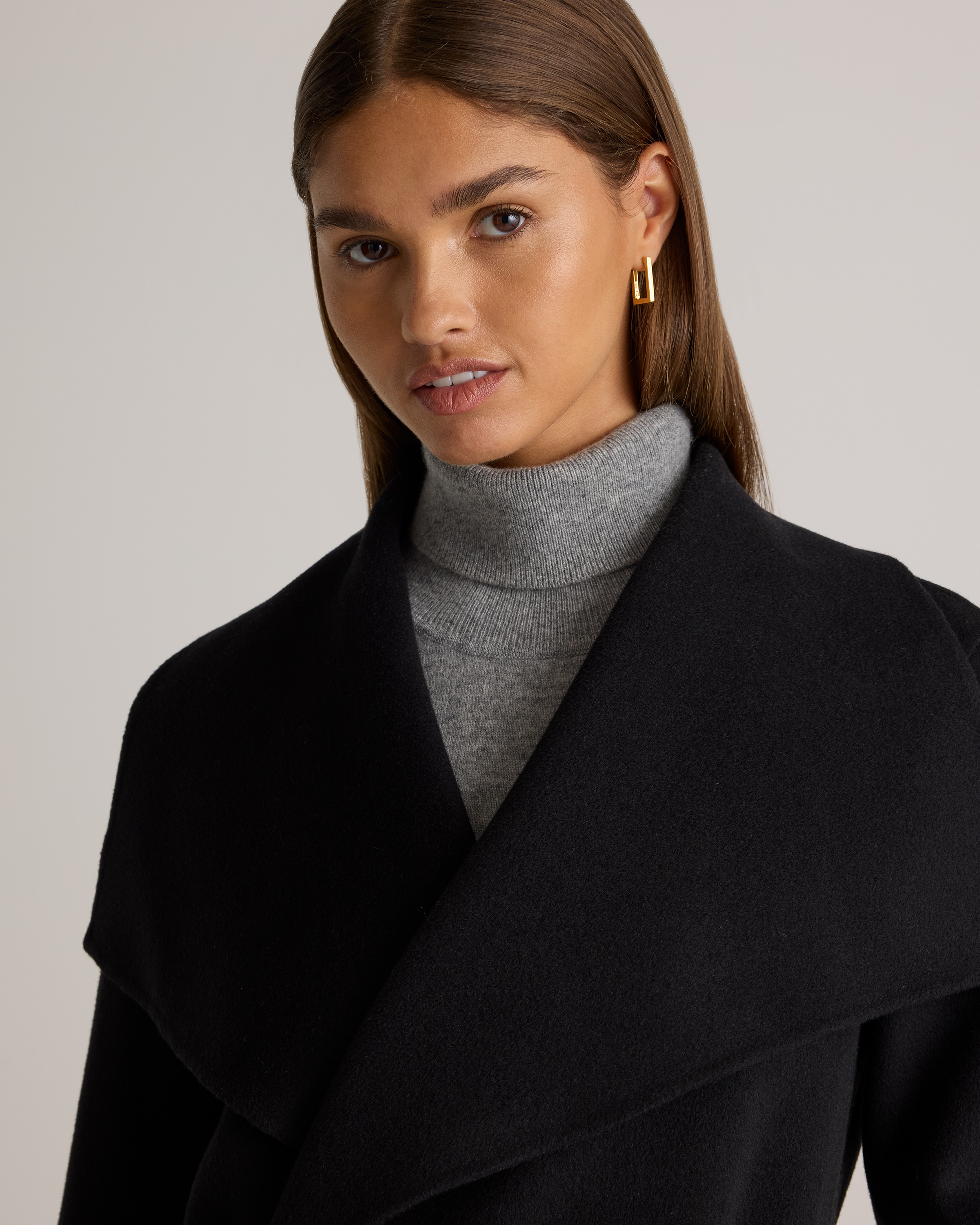 Double-Faced Merino Wool Draped Collar Wrap Coat in Black