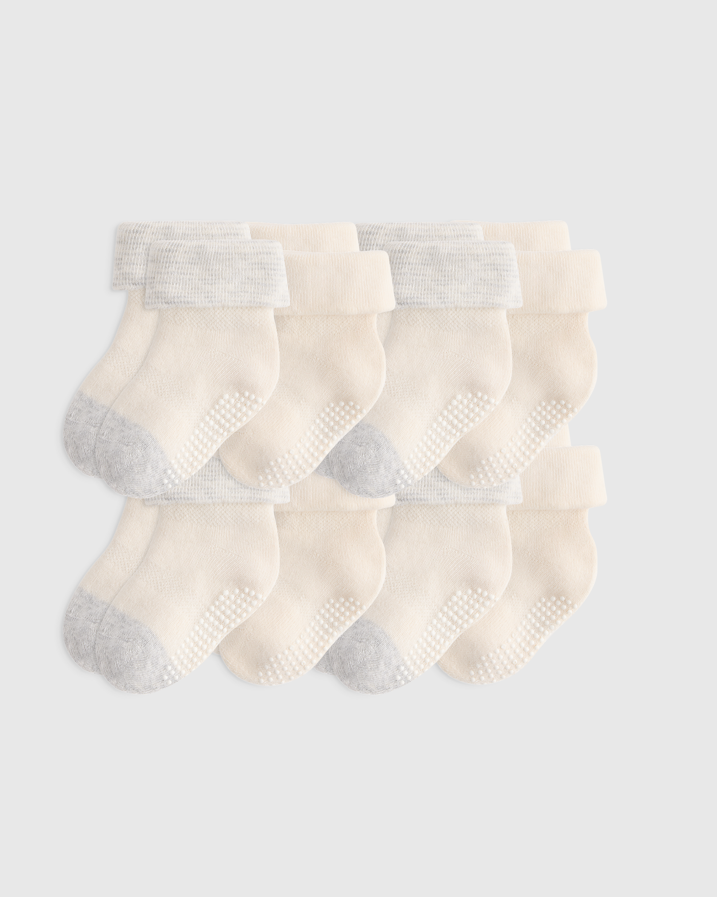 White/Grey Organic Cotton Gripper Fold Over Socks 8-Pack 