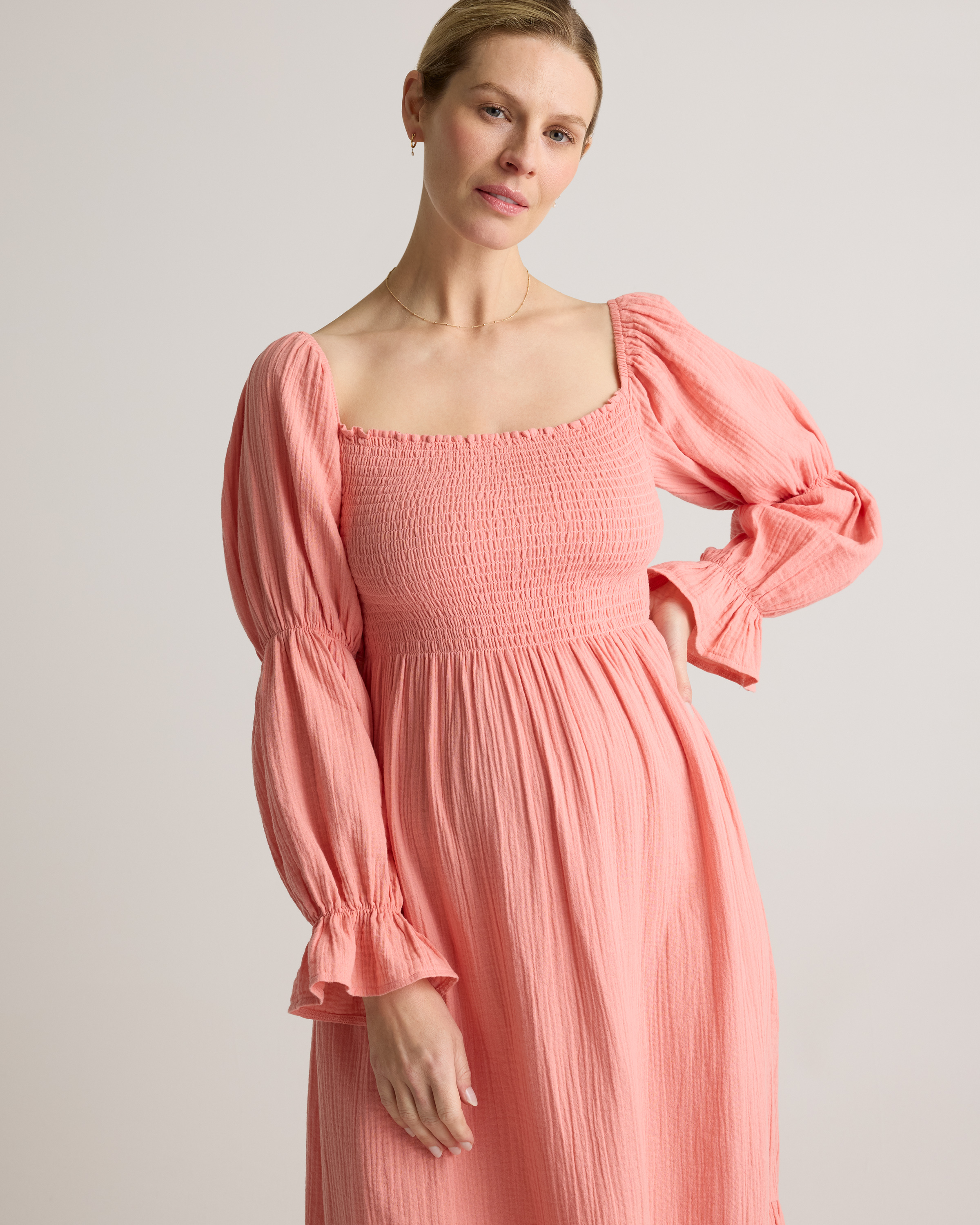 100% Organic Cotton Gauze Maternity Smocked Midi Dress in Coral Blush