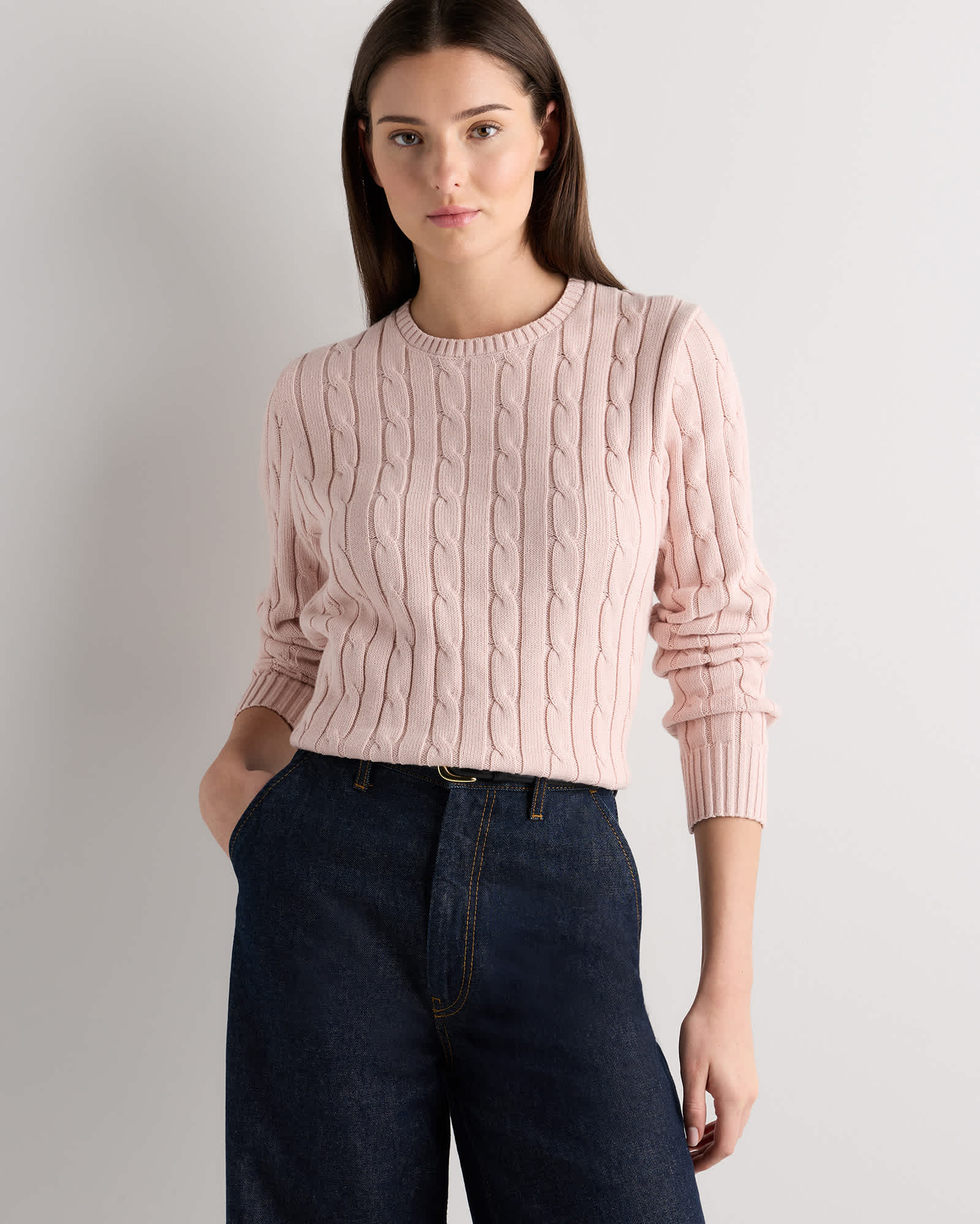 Pink Shell Sweater 100% Organic Cotton Cable Crewneck Sweater in Shell Pink