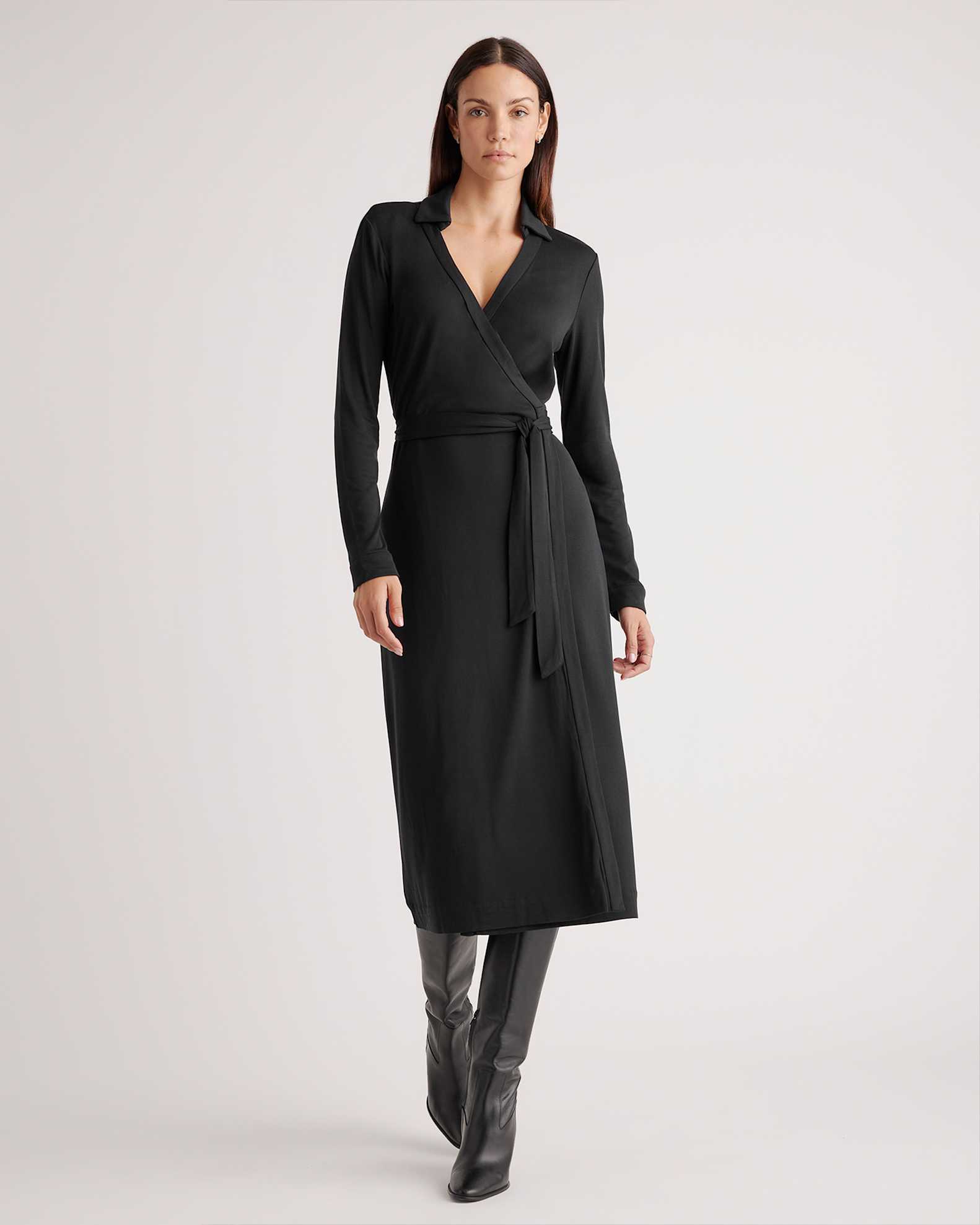 black midi wrap dress with sleeves Chic Black Dress - Midi Wrap Dress - Jersey Knit Dress