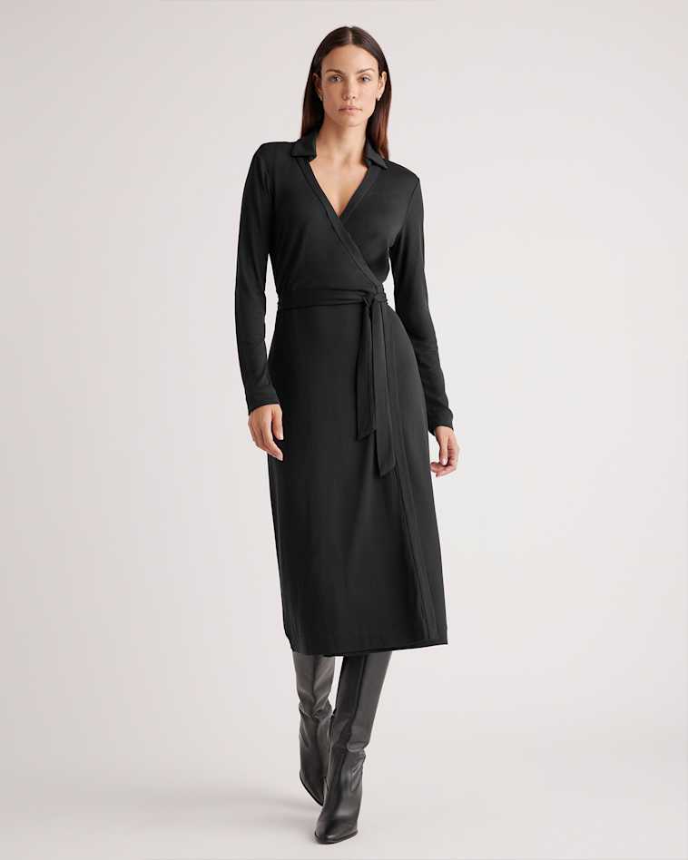 quince cotton cashmere ribbed long sleeve crew midi dress Cotton Cashmere Ribbed Long Sleeve V-Neck Midi Dress in Mocha Heather