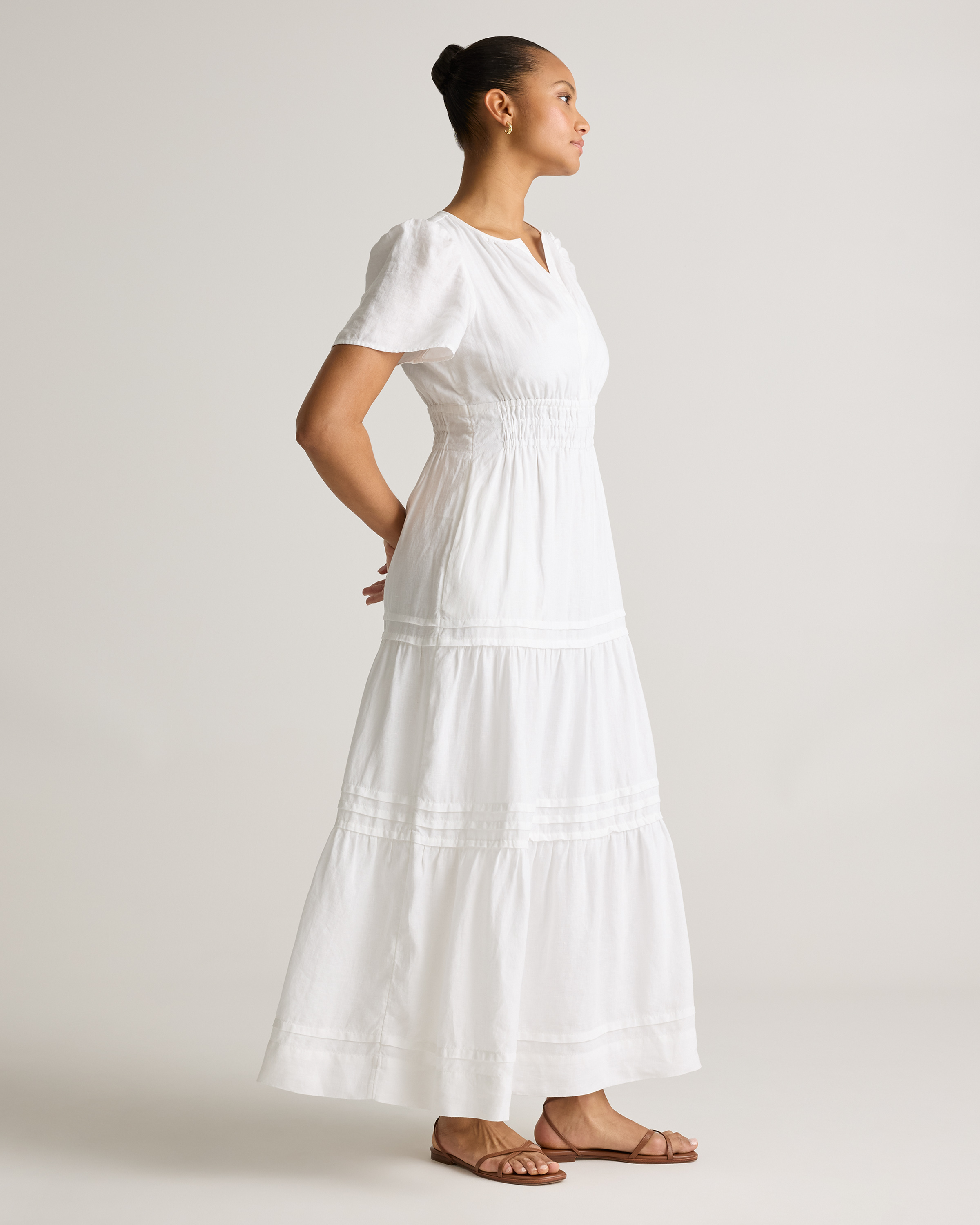 100% European Linen Tiered Maxi Dress in White