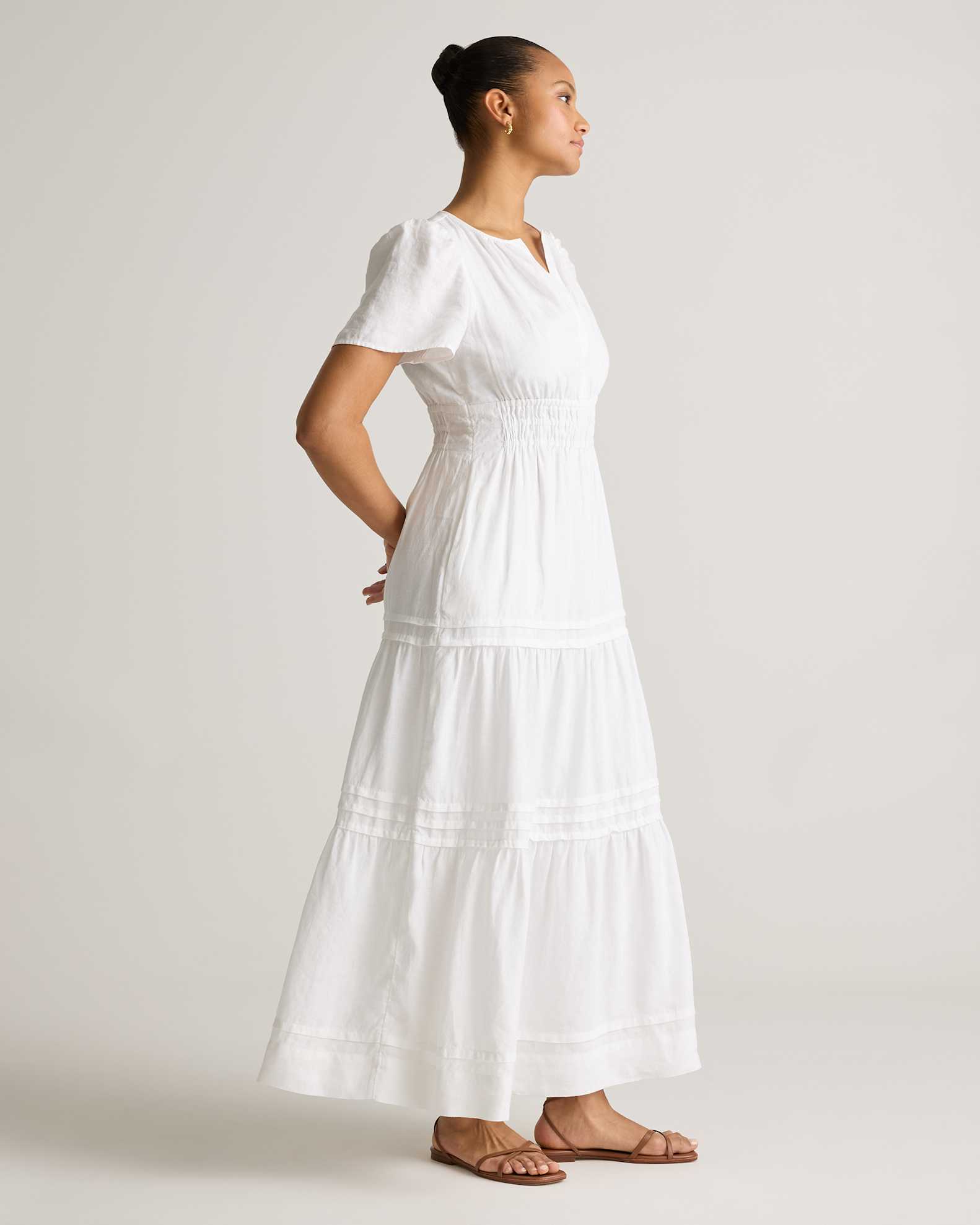 100% European Linen Tiered Maxi Dress in White 100% European Linen Tiered Maxi Dress in White