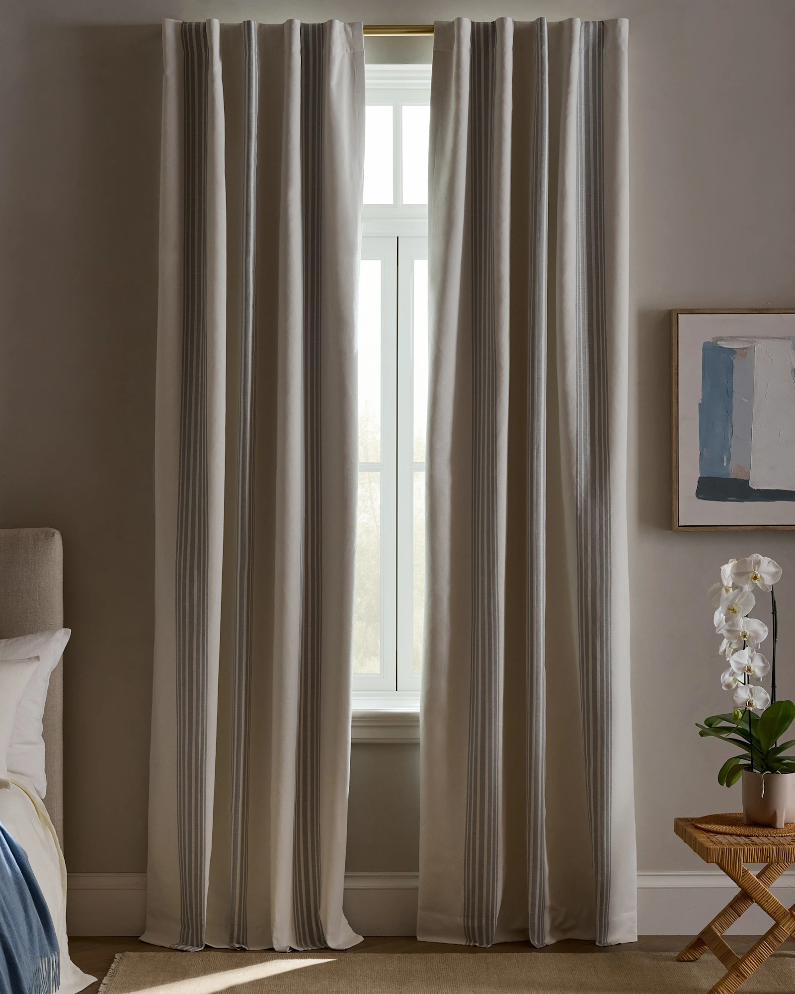 Coastal Stripe Linen Cotton True Blackout Curtain - Single Panel - Ivory/Light Blue, 48x84