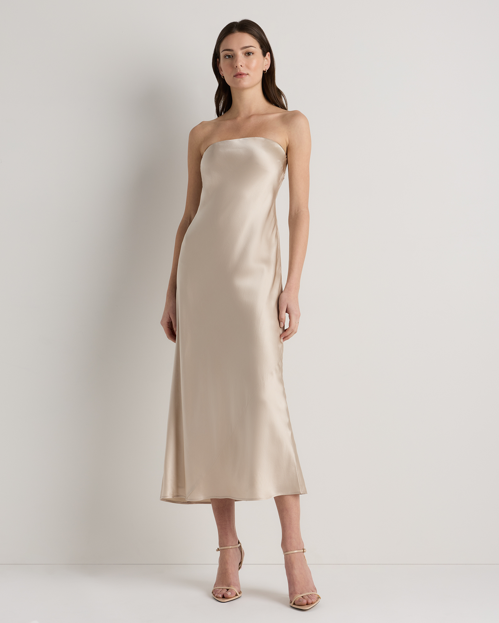 Champagne 100% Washable Silk Strapless Midi Dress