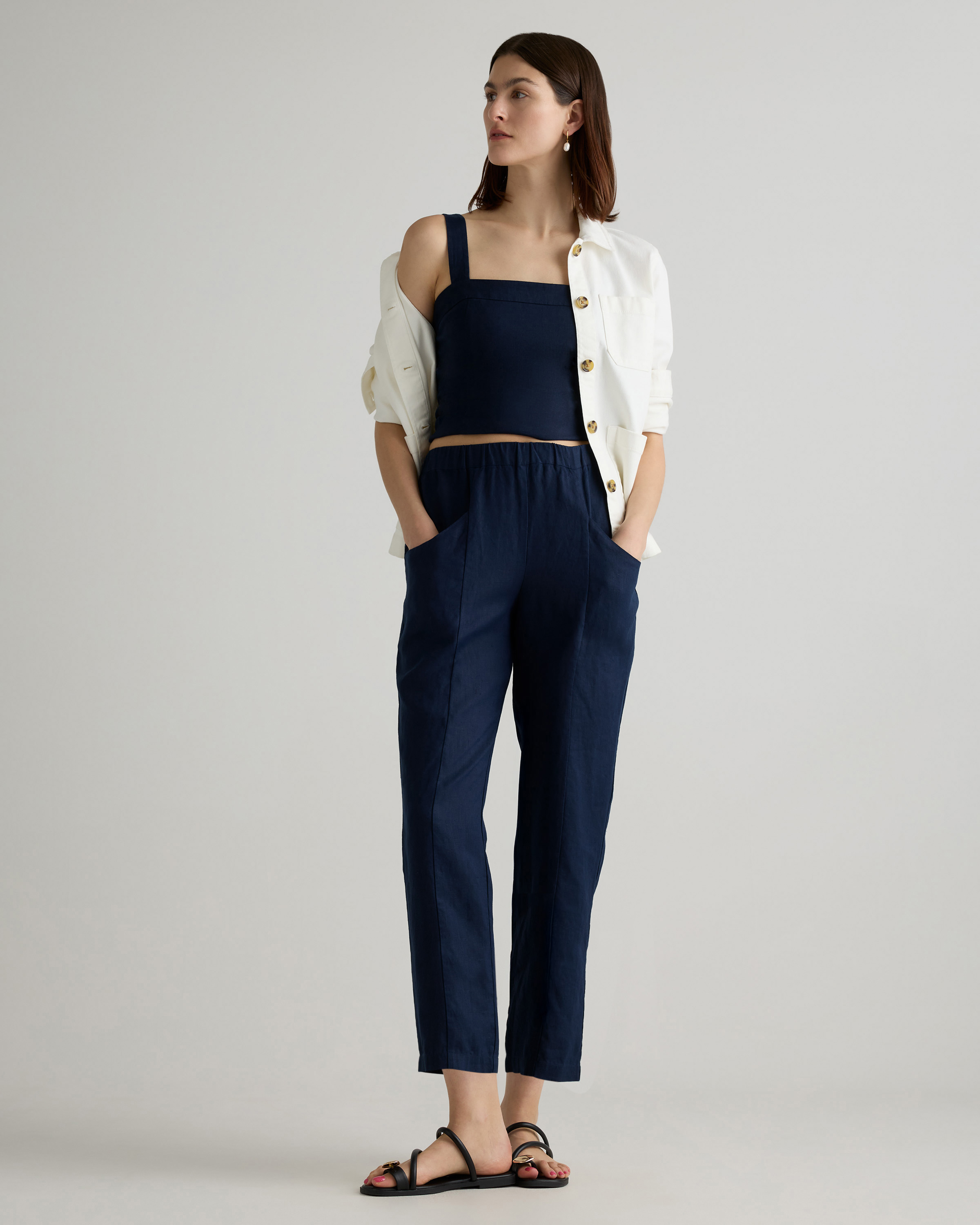 100% European Linen Tapered Ankle Pants in Deep Navy display picture 1
