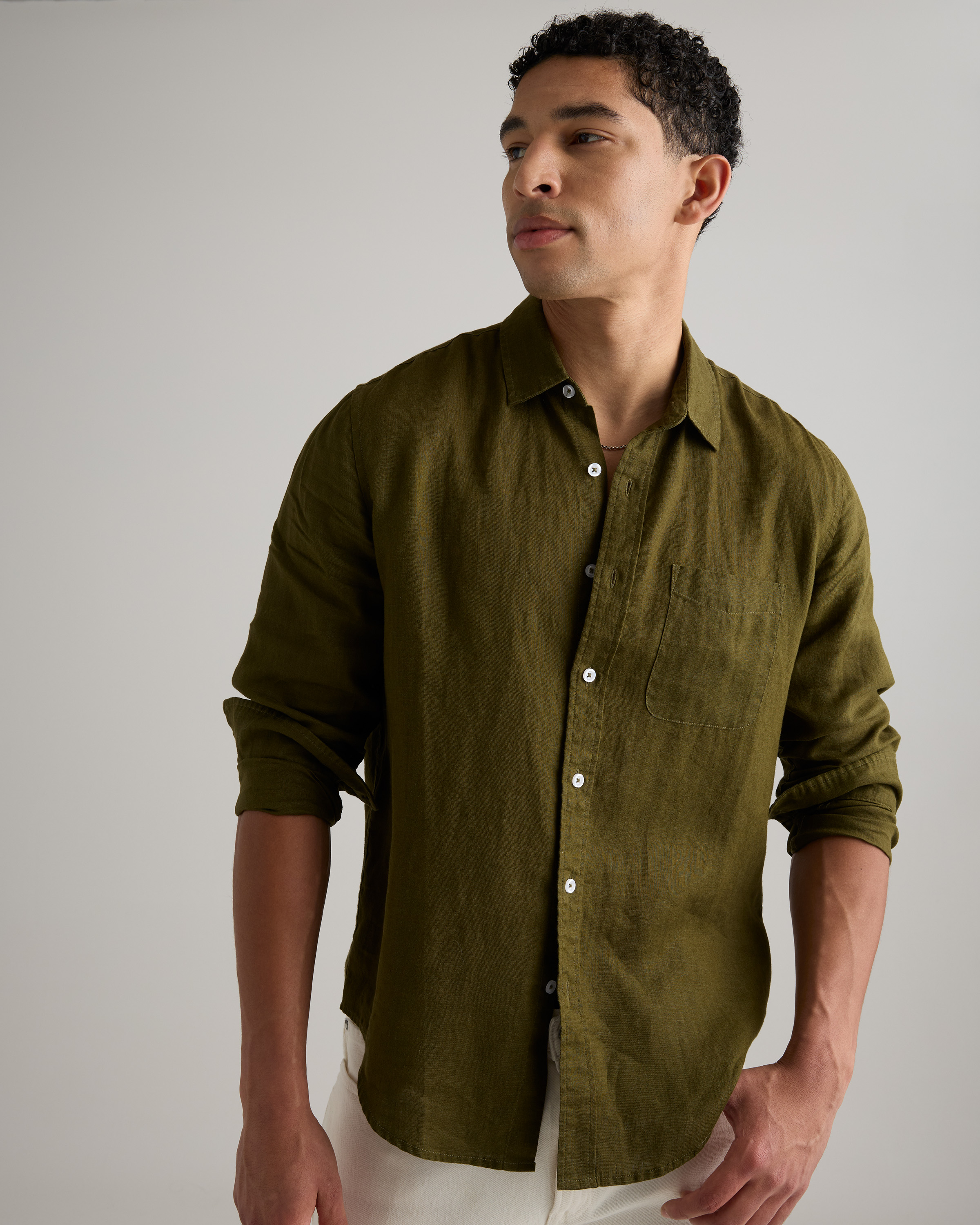 Martini Olive 100% European Linen Relaxed Long Sleeve Pocket Shirt