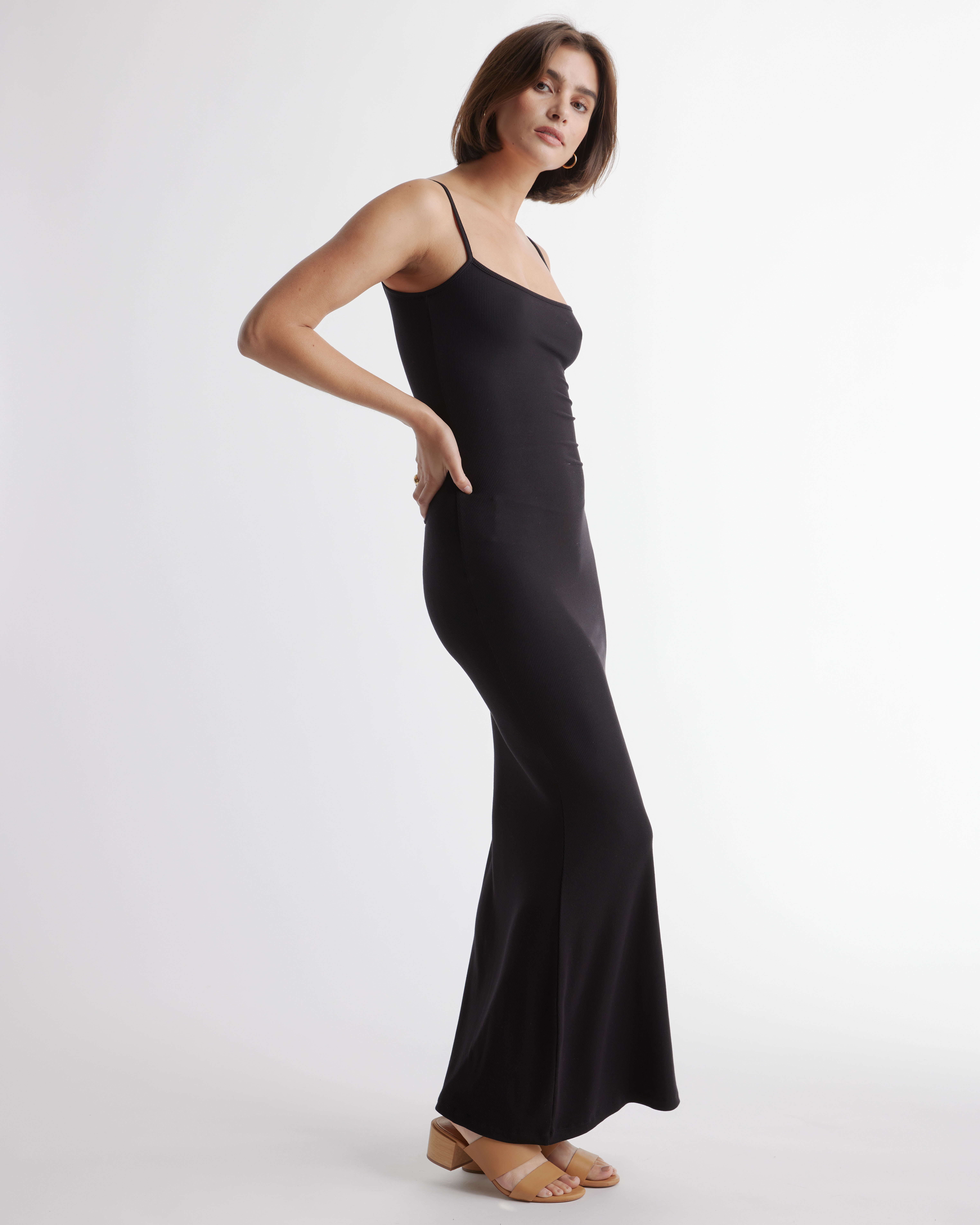 Quince Women's Tencel Rib Knit Maxi Slip Dress, Body-Hugging Fit, Black, Size Small, Cotton/Modal Blend