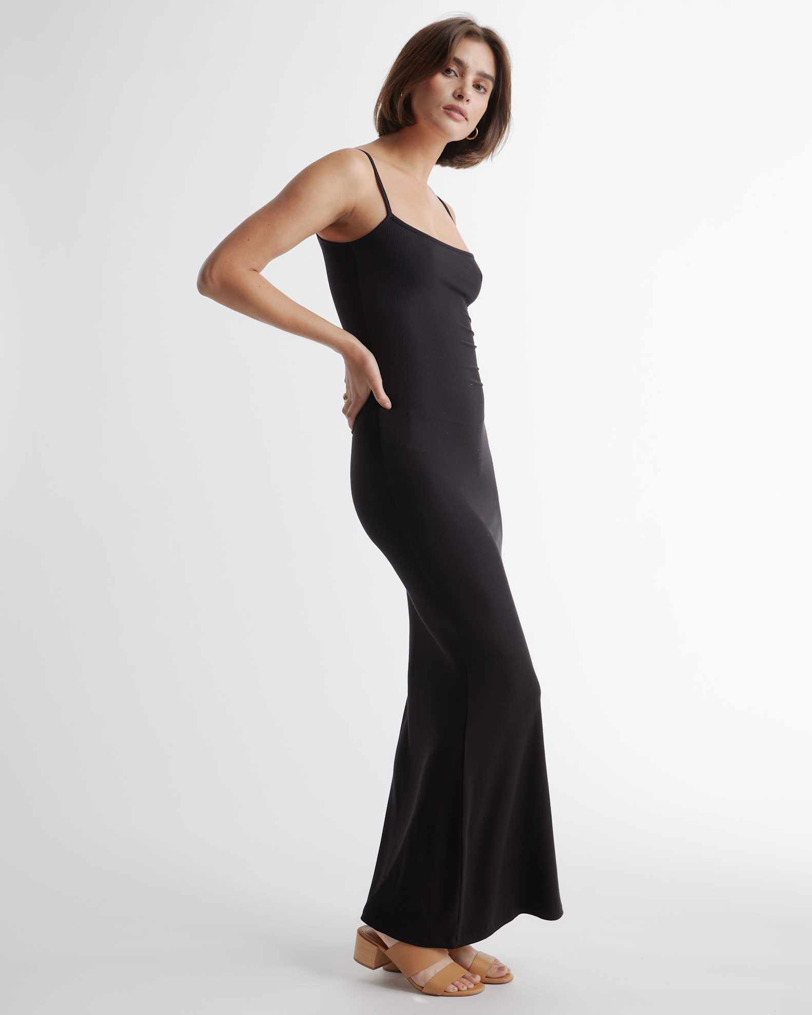 Quince Women's Tencel Rib Knit Maxi Slip Dress, Body-Hugging Fit, Black, Size Small, Cotton/Modal Blend Quince Women's Tencel Rib Knit Maxi Slip Dress, Body-Hugging Fit, Black, Size Small, Cotton/Modal Blend