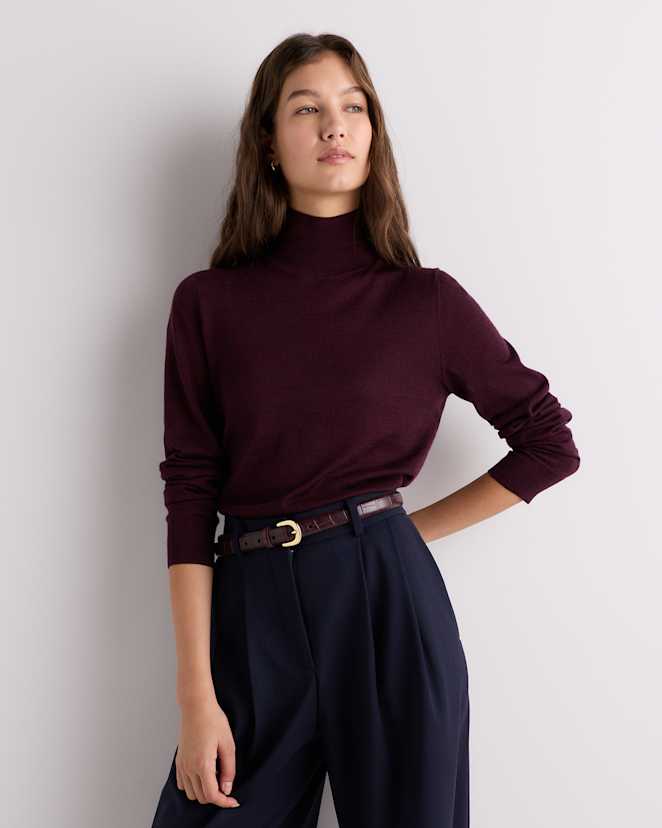 Bordeaux Burgundy Pull à col roulé en laine mérinos de fine jauge