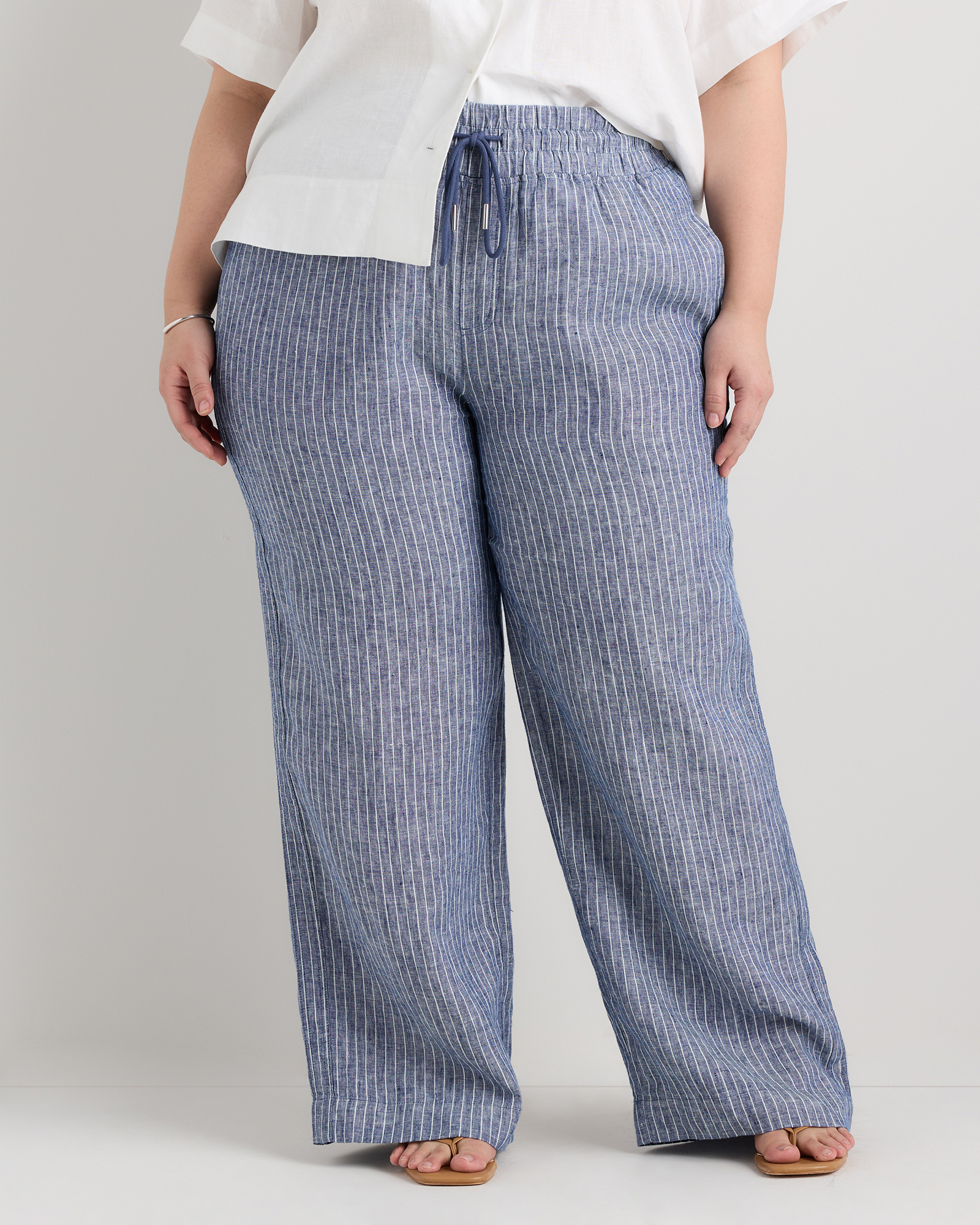 Chambray Stripe 100% European Linen Wide Leg Pants