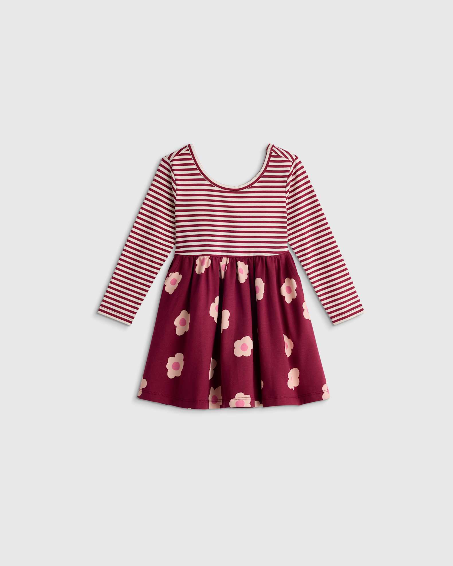 Long Sleeve Skater Dress in Dancing Daisy Burgundy Stripe, Size 12-18M, Organic Cotton by Quince - Baby Long Sleeve Skater Dress in Dancing Daisy Burgundy Stripe, Size 12-18M, Organic Cotton by Quince - Baby