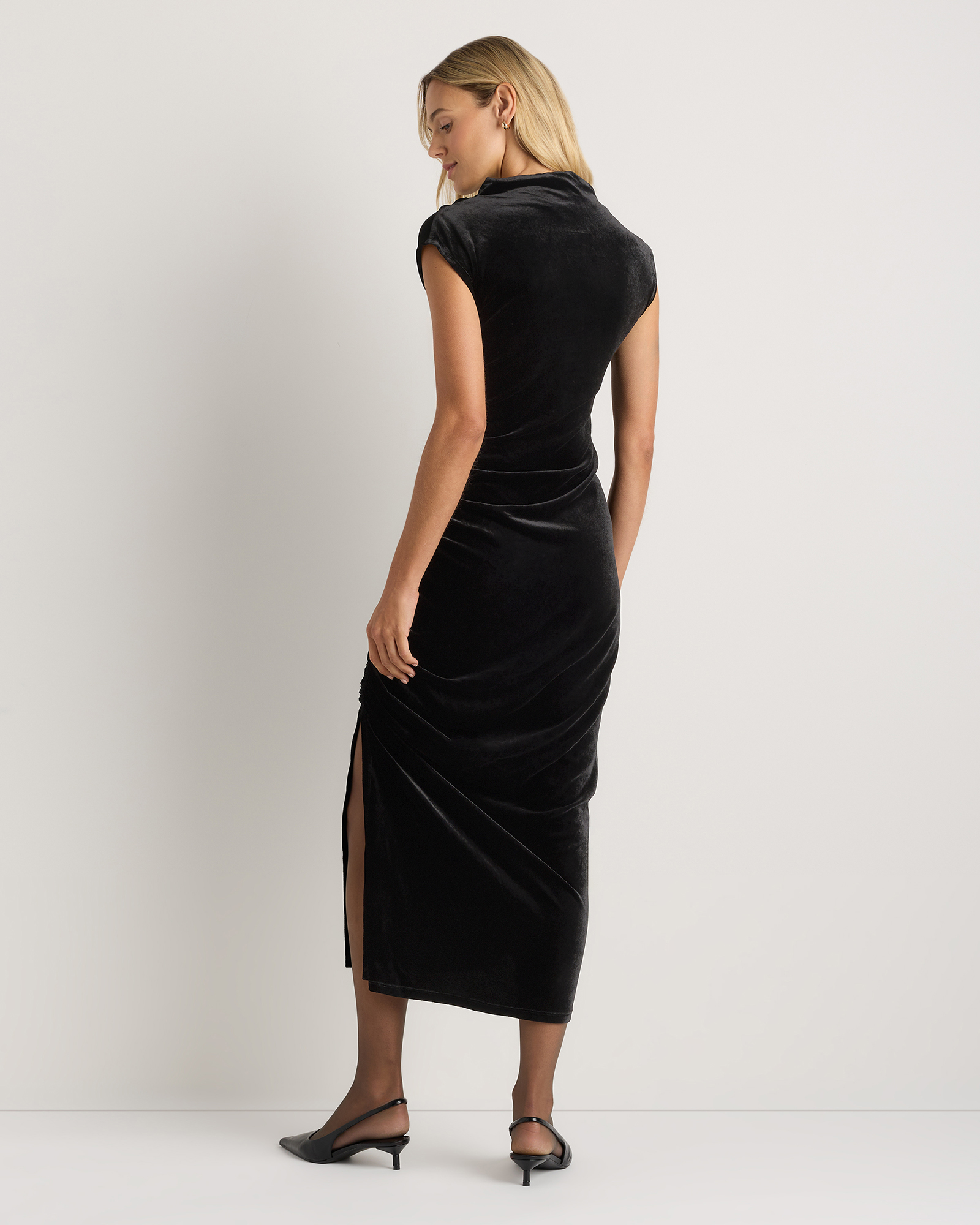 princess polly baby blue dress Stretch Silk Velvet Ruched Midi Dress in Black