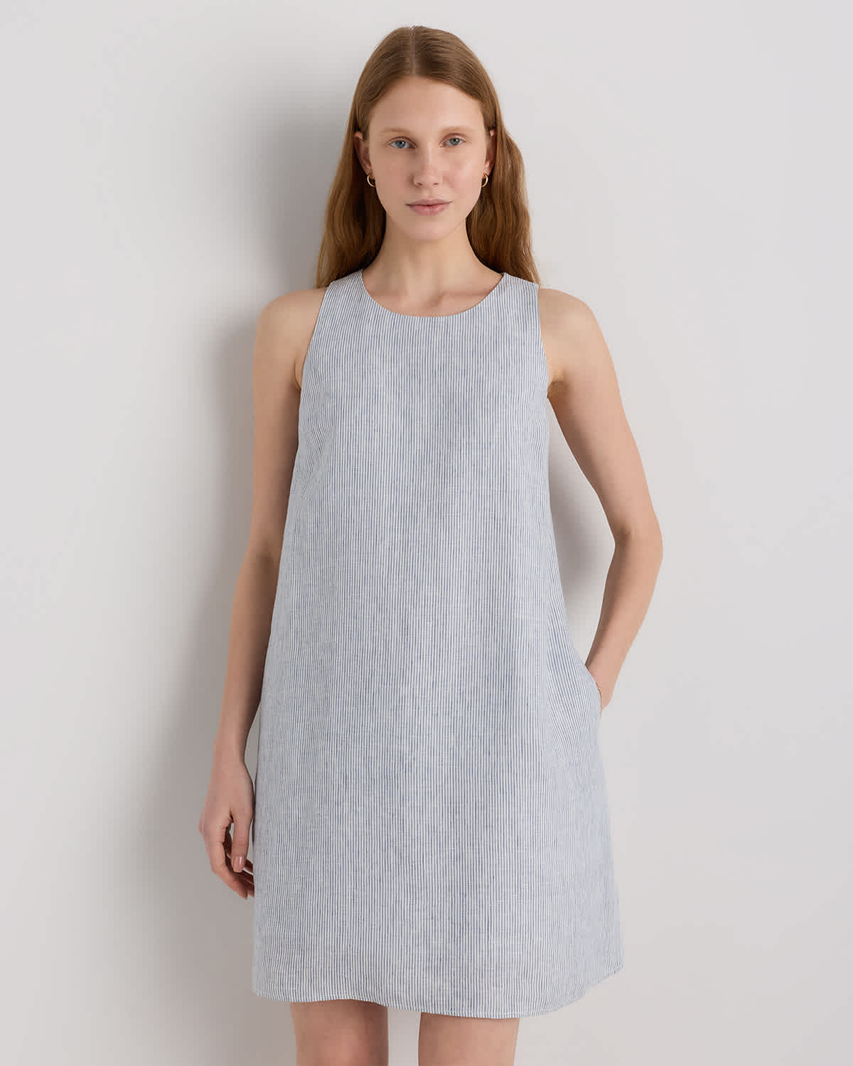 100% European Linen Tank Mini Dress in Blue Pinstripe 100% European Linen Tank Mini Dress in Blue Pinstripe