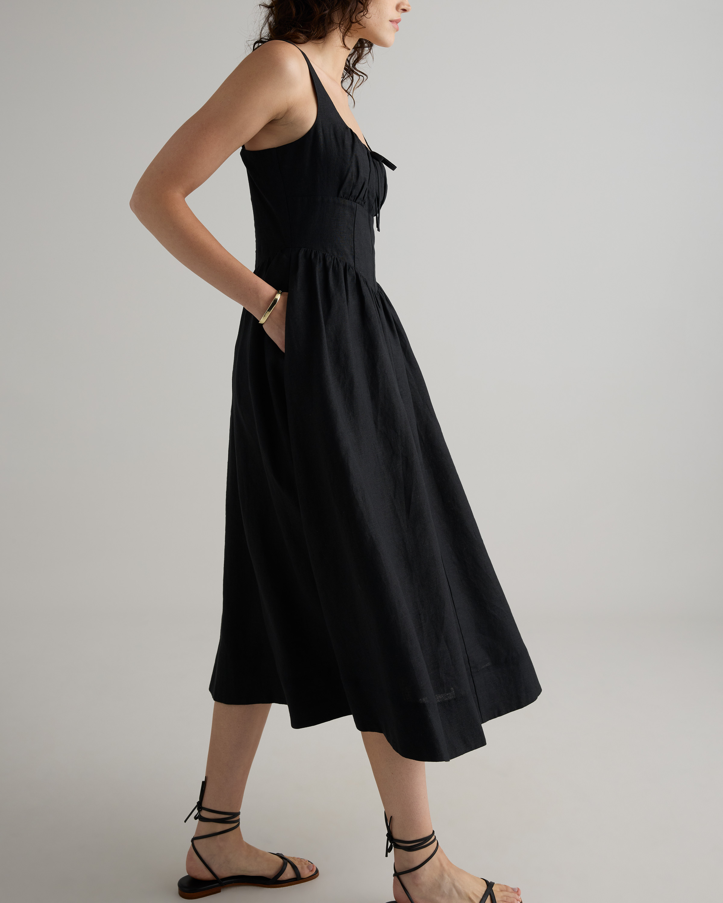 100% European Linen Corset Midi Dress in Black