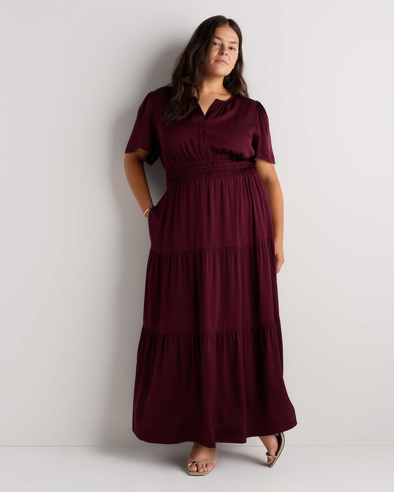 wine red dress plus size Plus Size Wine Red Fringes V-Neck Long Sleeve A-Line Prom Dress Modsele