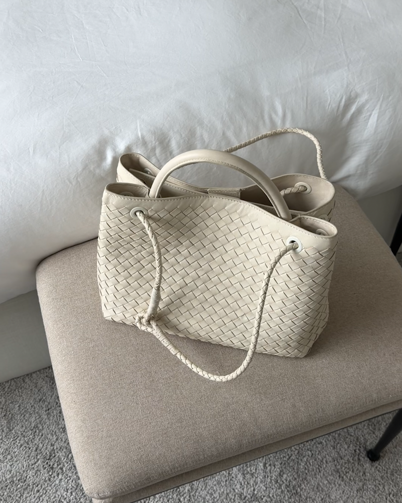 Italian Leather Handwoven Satchel in Taupe