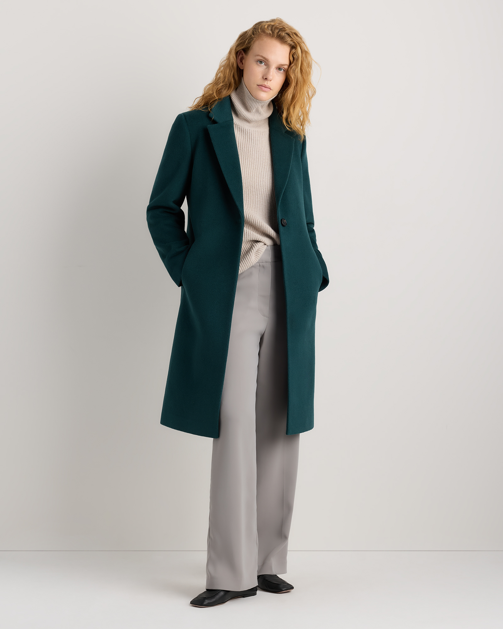 Nocturnal Green Wool Cashmere Classic Single-Breasted Coat