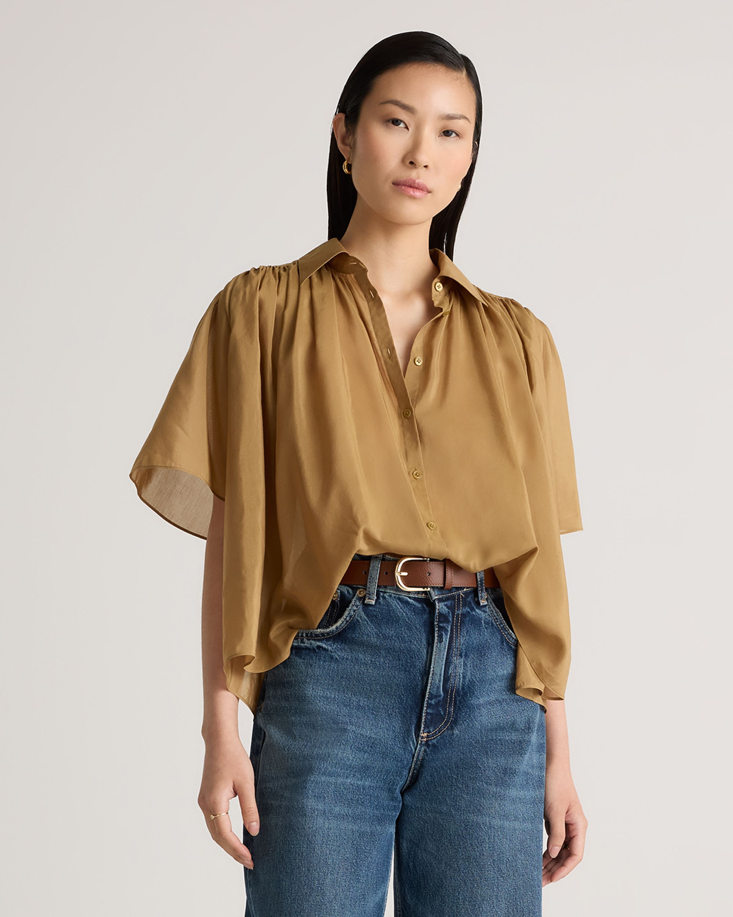 Pecan Cotton-Silk Voile Short Sleeve Blouse 