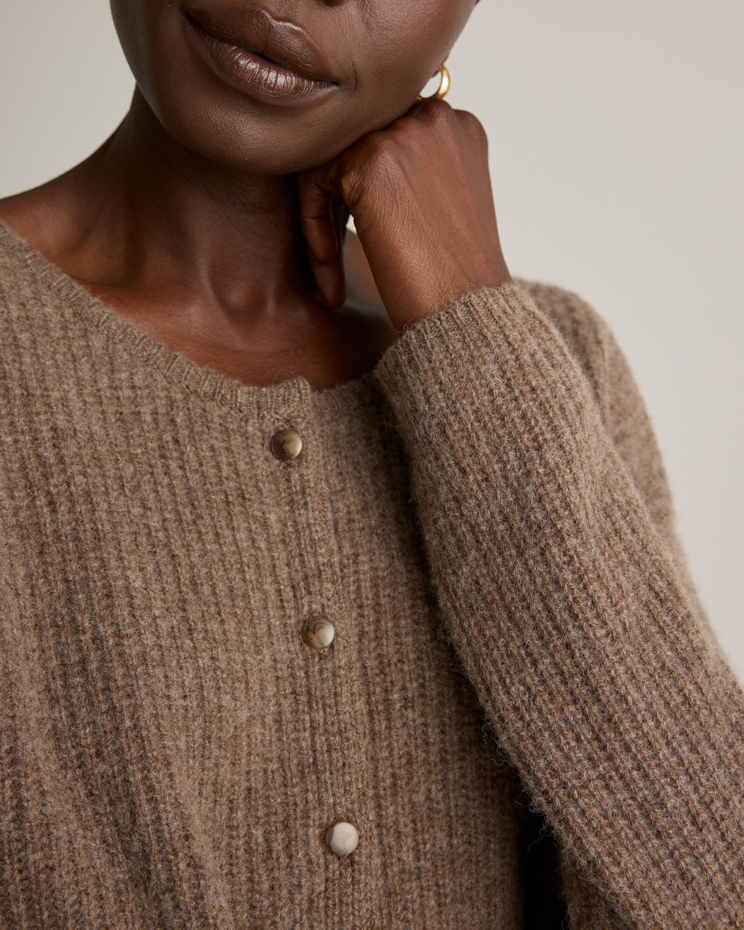 100% Yak Soft Rib Crew Cardigan in Heather Brown