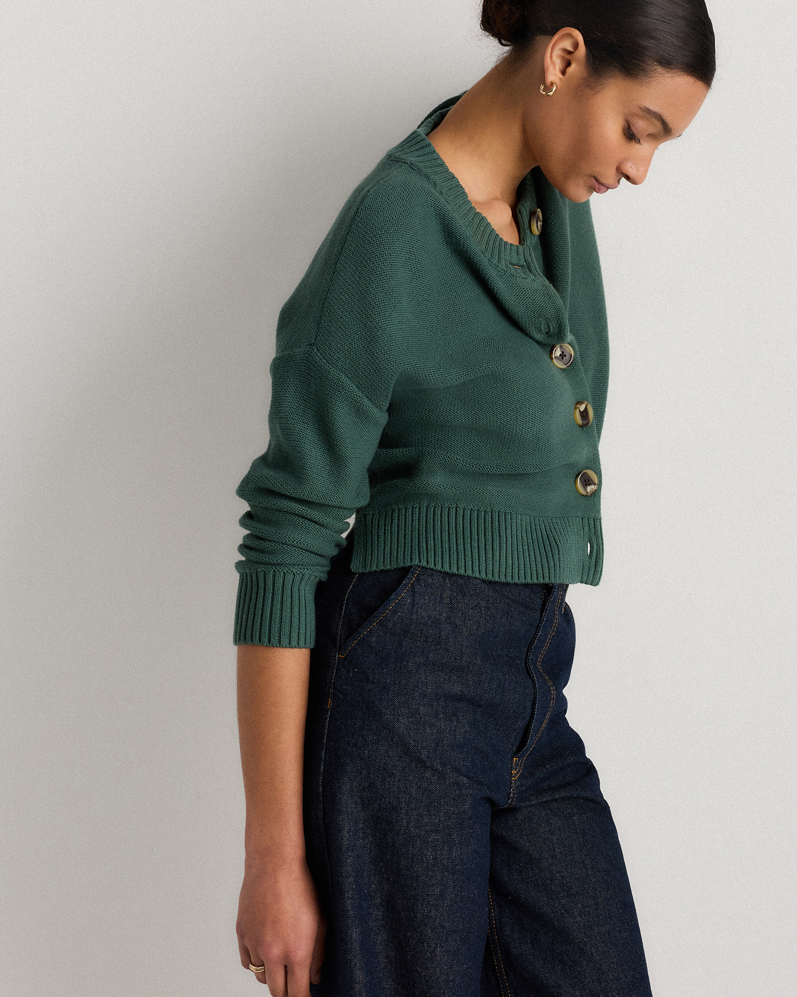 【is-ness】23ss BIG SWEAT CARDIGAN GREEN 100% Organic Cotton Cropped Cardigan in Big Sur Green