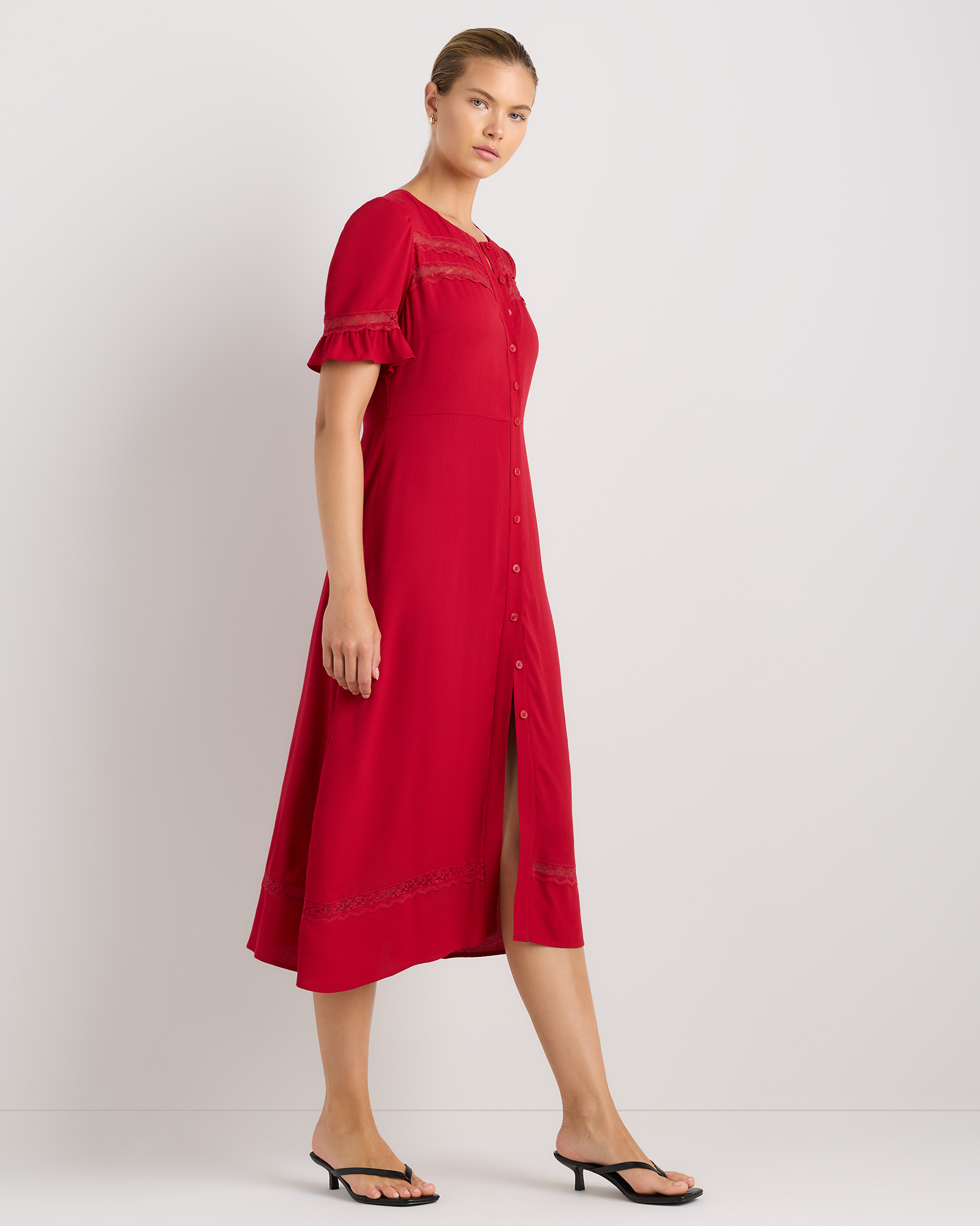 red lace dress canada Tamara V-Neckline Ruched Long Sleeve Lace Mesh Dress Red