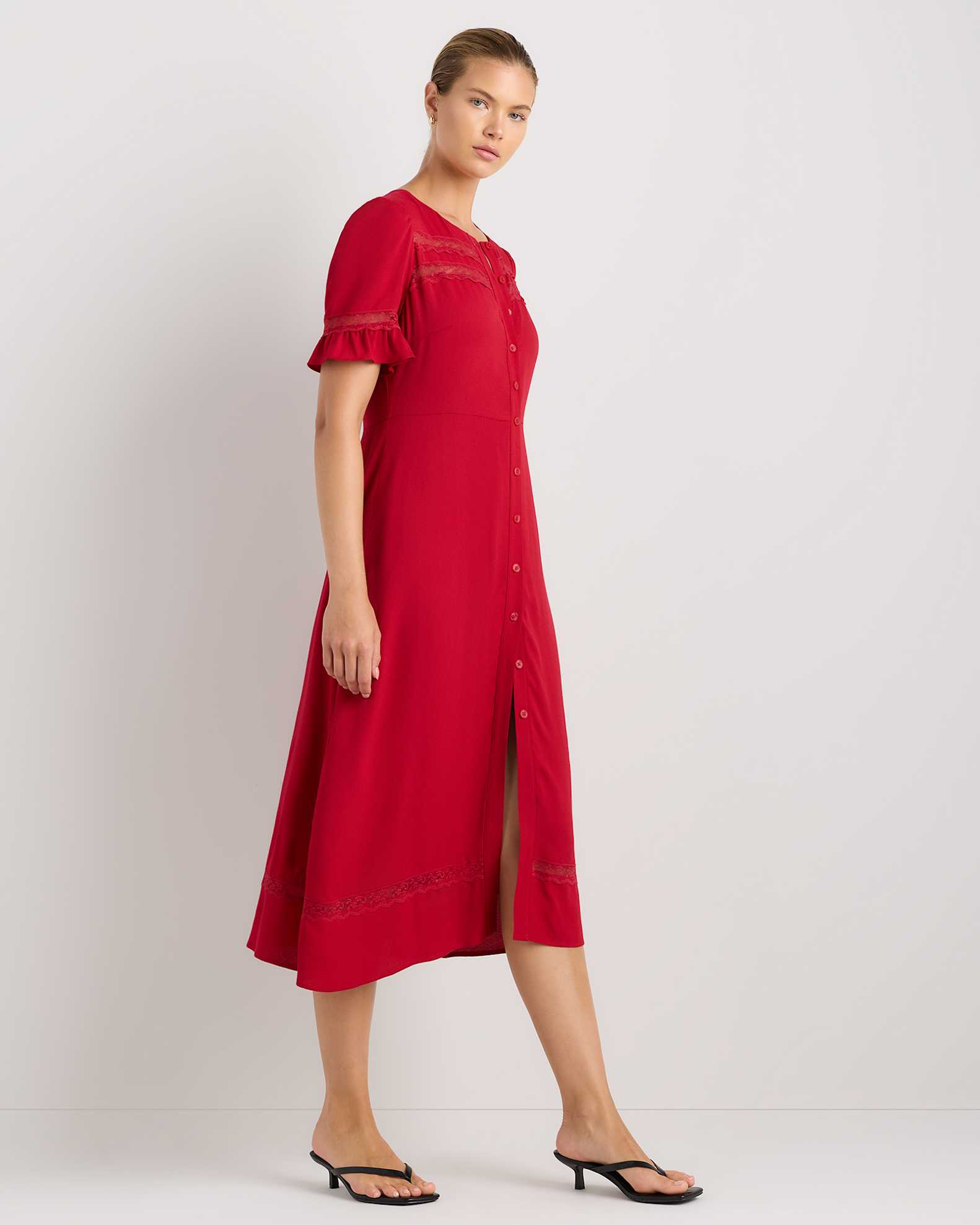 red lace dress canada Tamara V-Neckline Ruched Long Sleeve Lace Mesh Dress Red