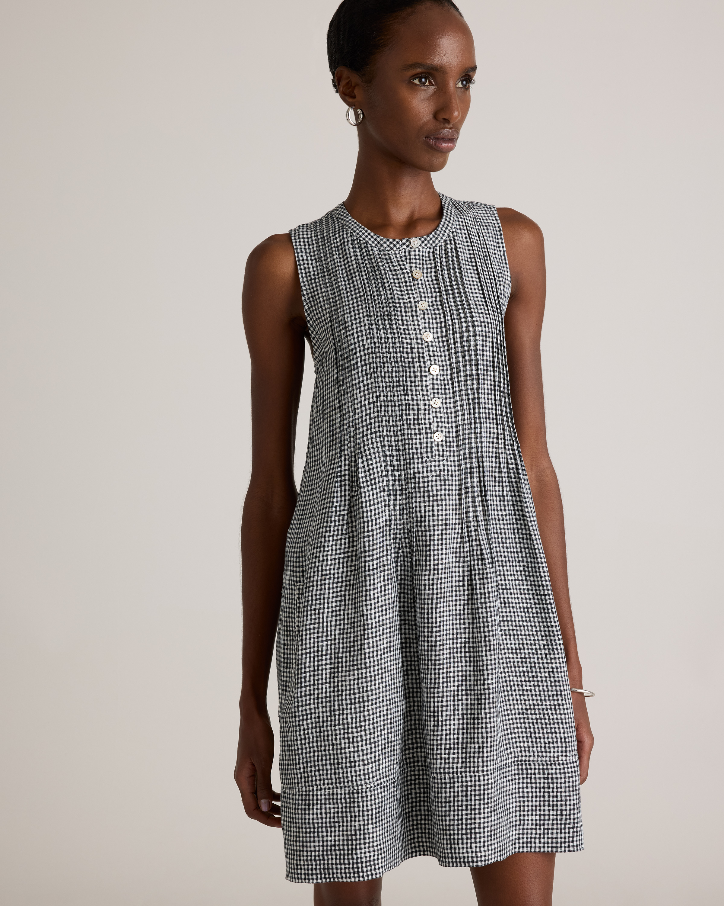 Quince Women's Sleeveless Swing Dress in White, Size Small - 100% European Linen with Pin-Tucking & Pleat Detailing