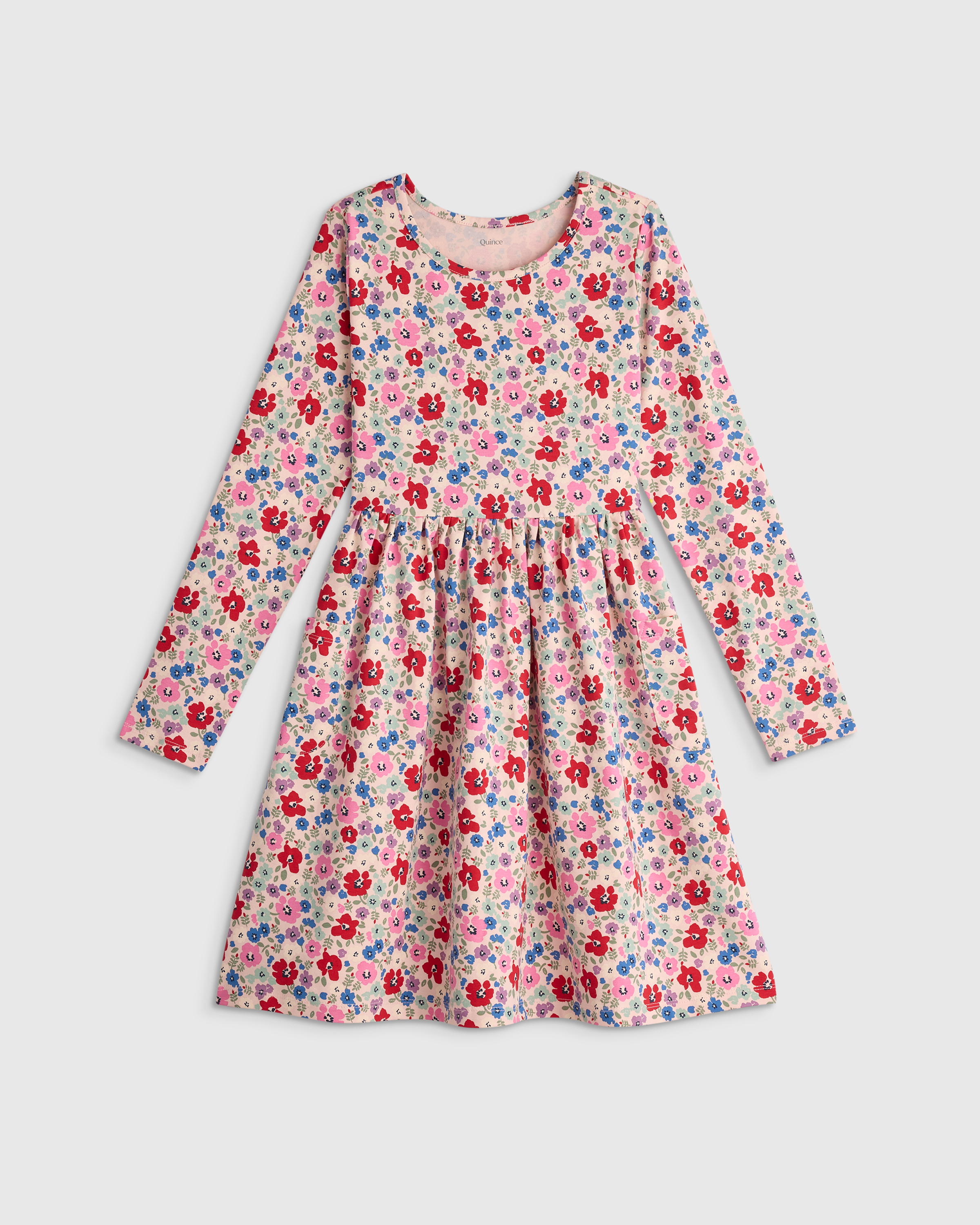 Red Poppy Floral Organic Cotton Long Sleeve Fit and Flare Pocket Dress 