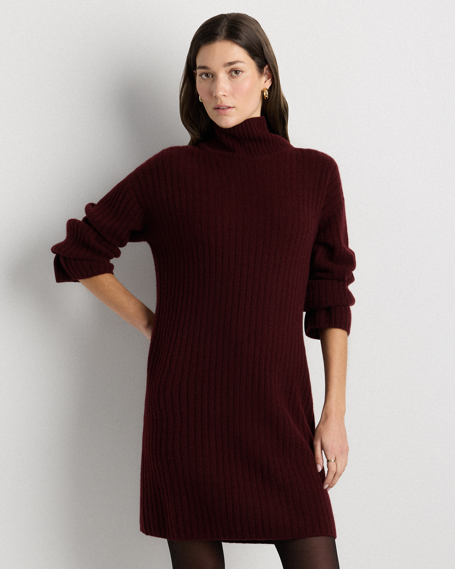 Rich Burgundy Mongolian Cashmere Ribbed Turtleneck Mini Dress