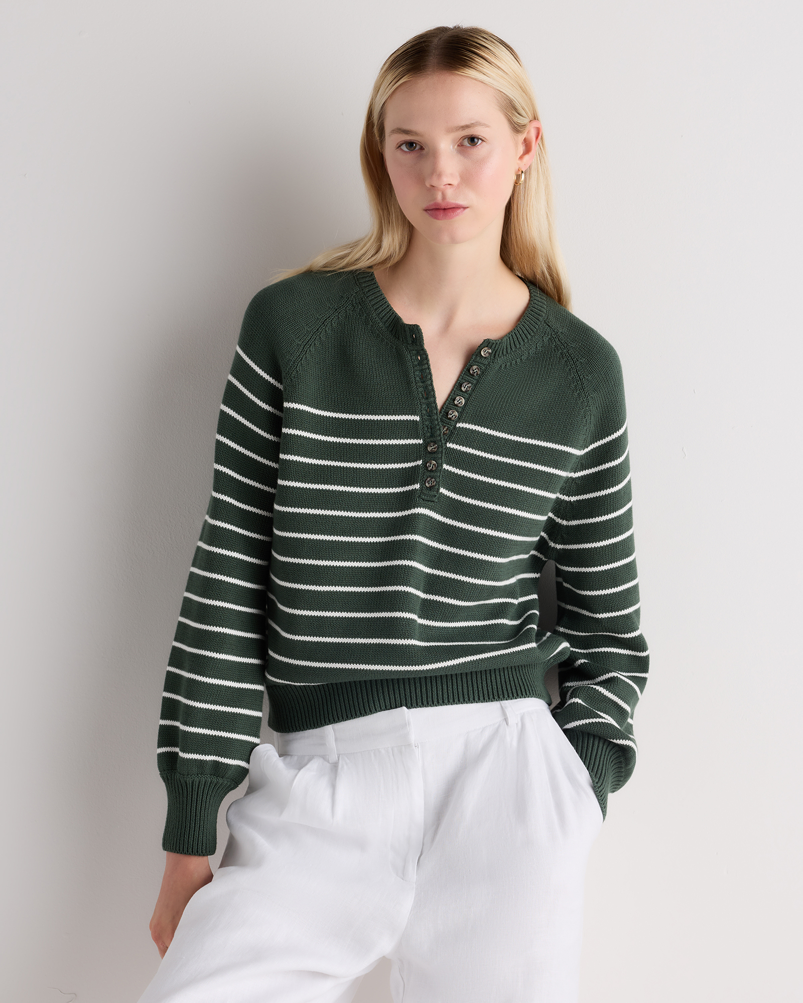 Big Sur Green / Ivory Stripe 100% Organic Cotton Striped Henley Sweater