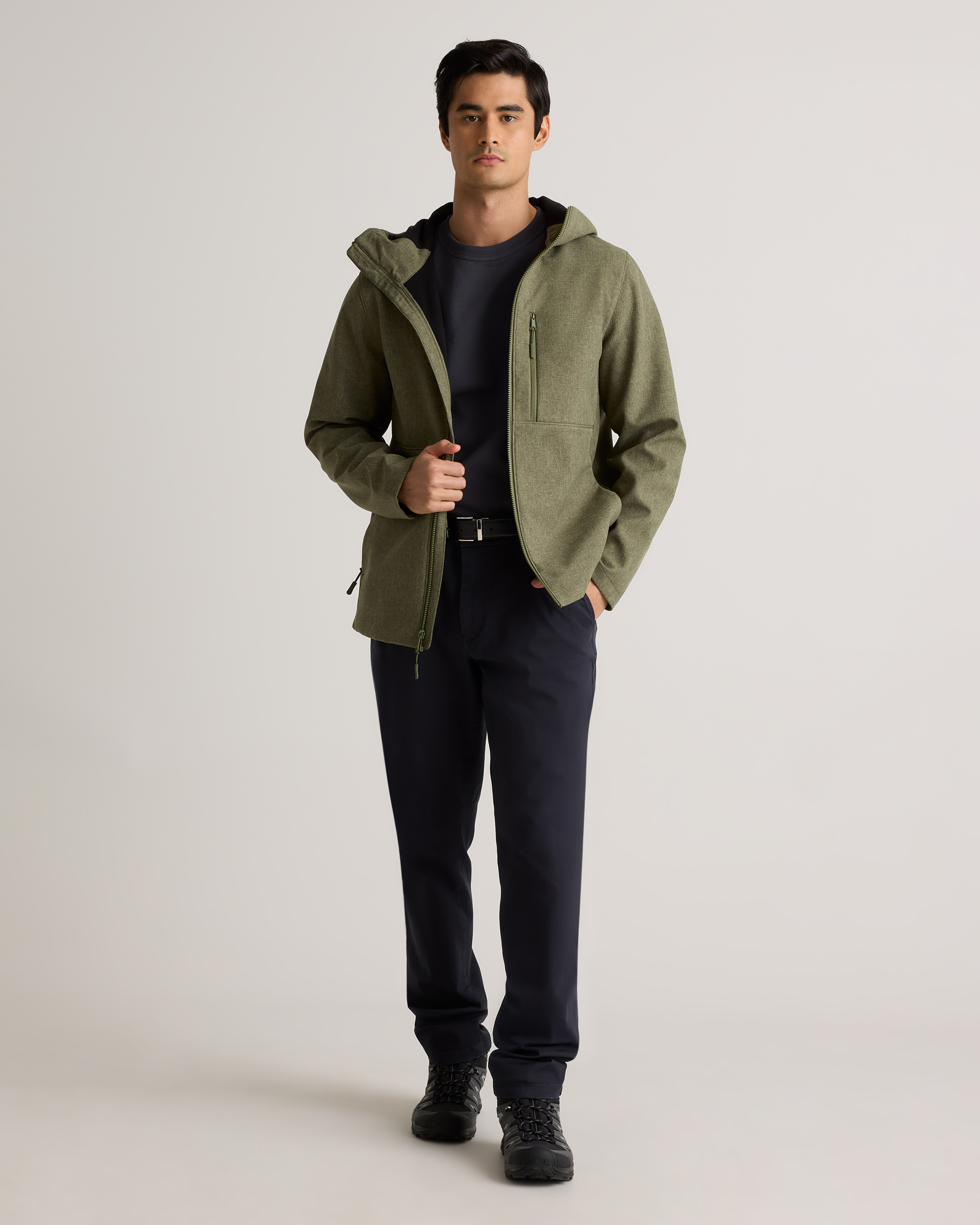 Softshell Fleece-Lined Full-Zip Hooded Jacket in Heather Olive Oil