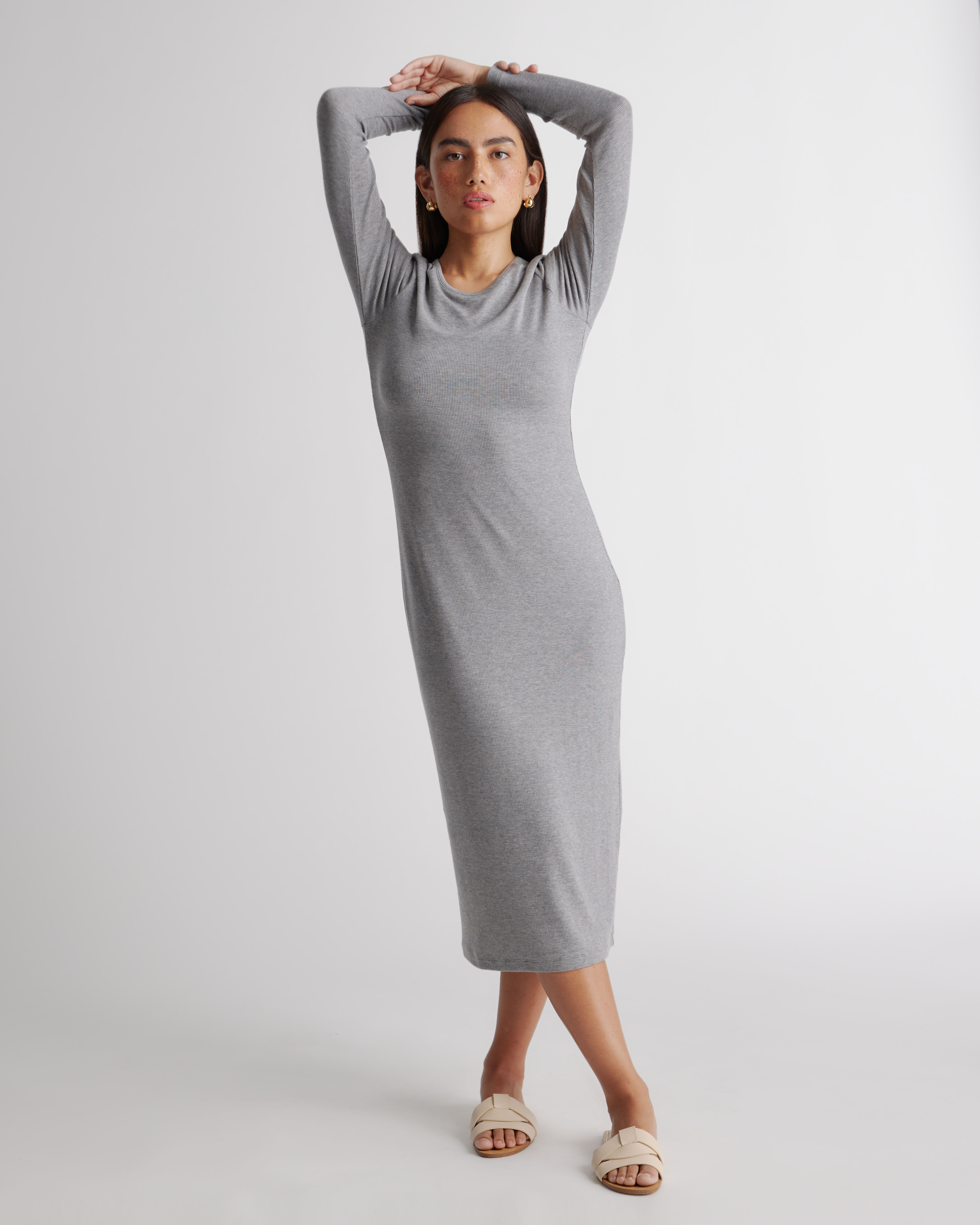 Tencel Rib Knit Long Sleeve Dress in Heather Grey