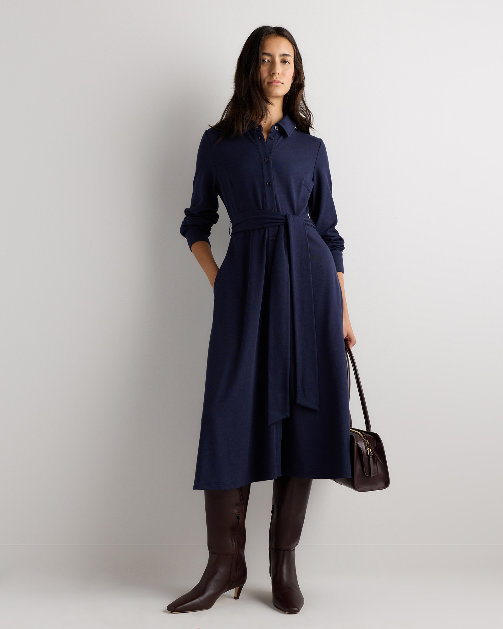 Deep Navy Tencel Modal Knit Midi Shirt Dress