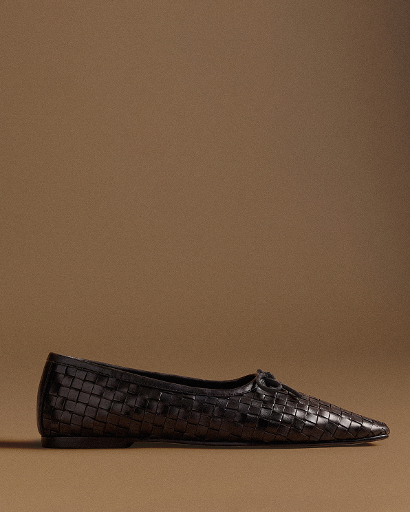 Black Italian Leather Handwoven Square Toe Ballet Flat