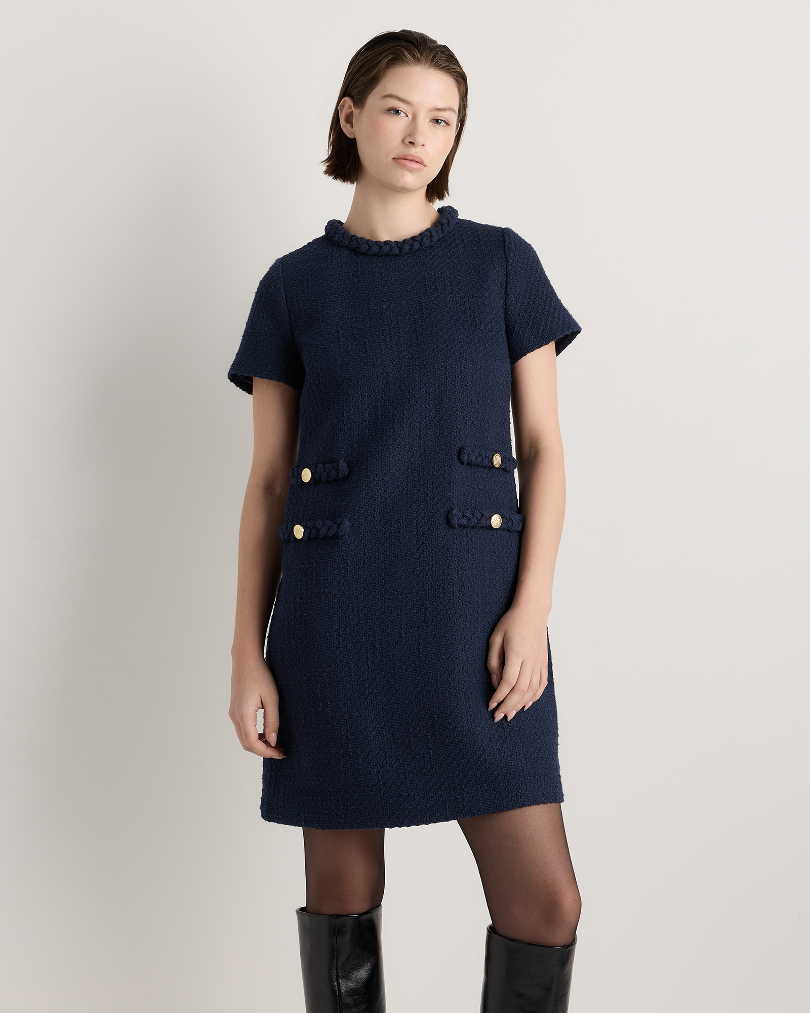 Deep Navy Tweed Short Sleeve Mini Dress