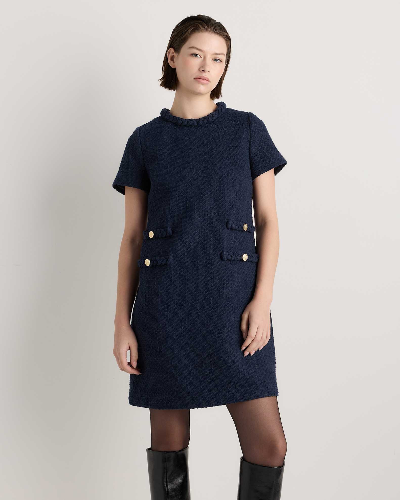 Tweed Short Sleeve Mini Dress in Deep Navy Tweed Short Sleeve Mini Dress in Deep Navy