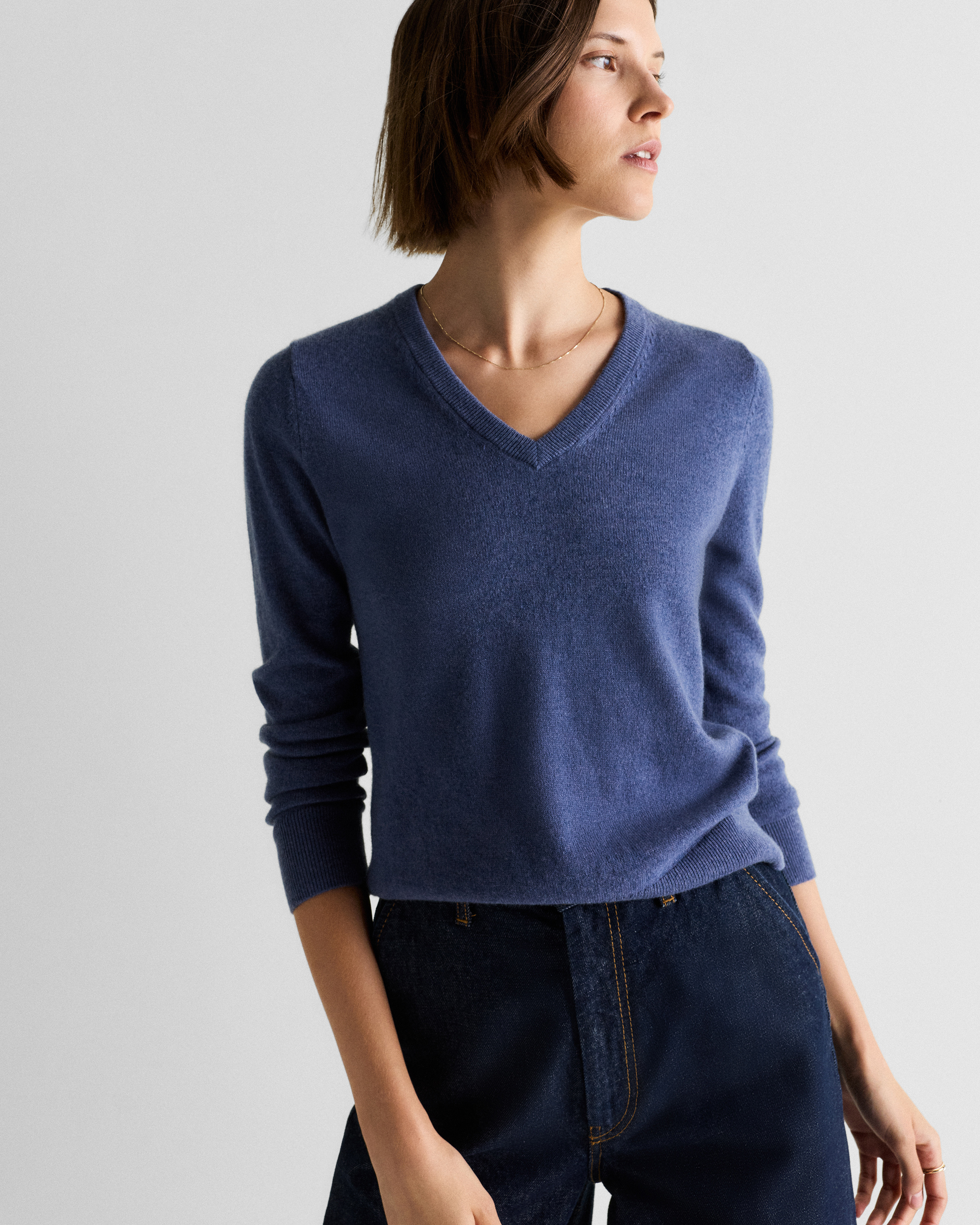 Heather Storm Blue Mongolian Cashmere V-Neck Sweater