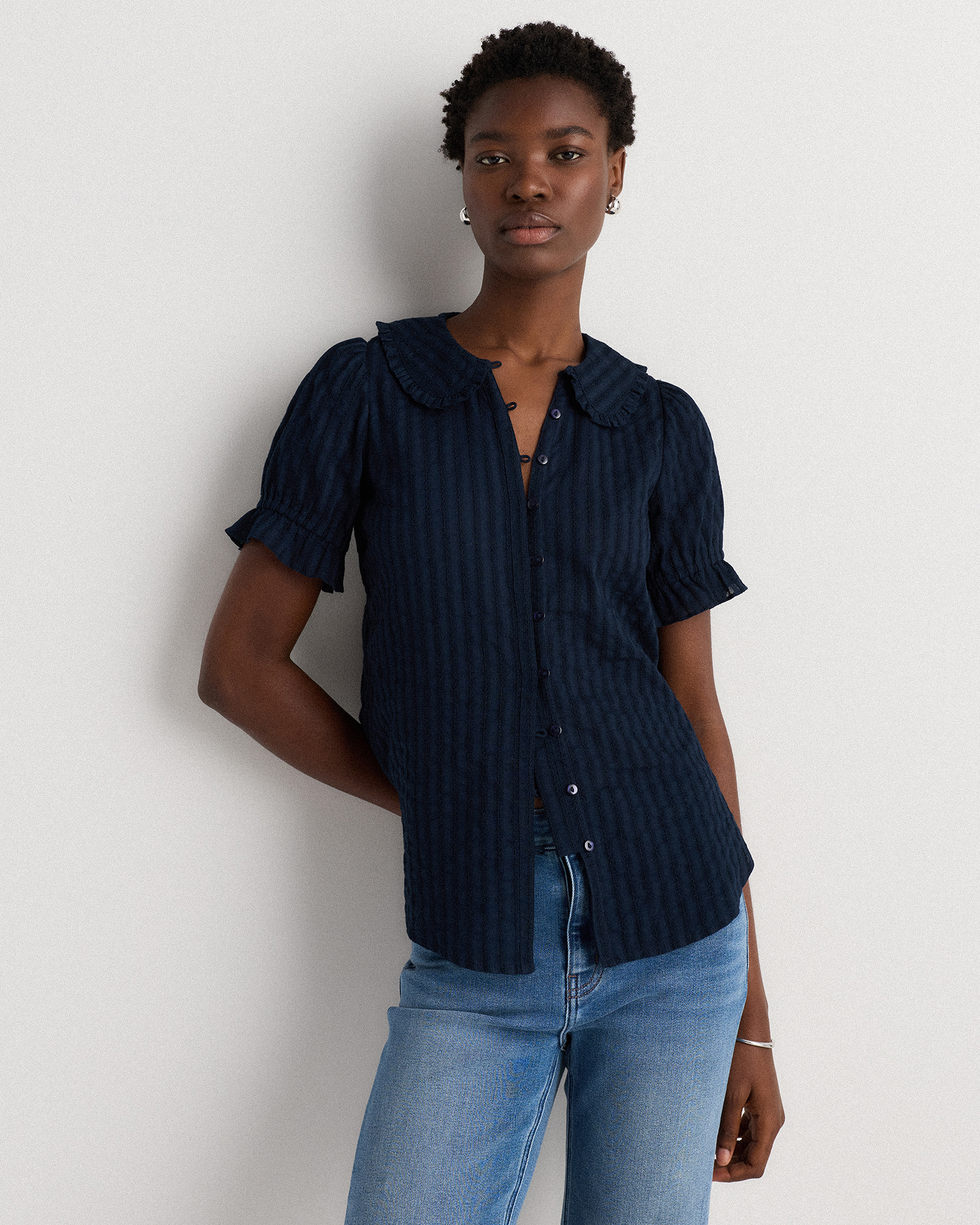 Solid Navy Embroidered Cotton Ruffle Collar Short Sleeve Blouse