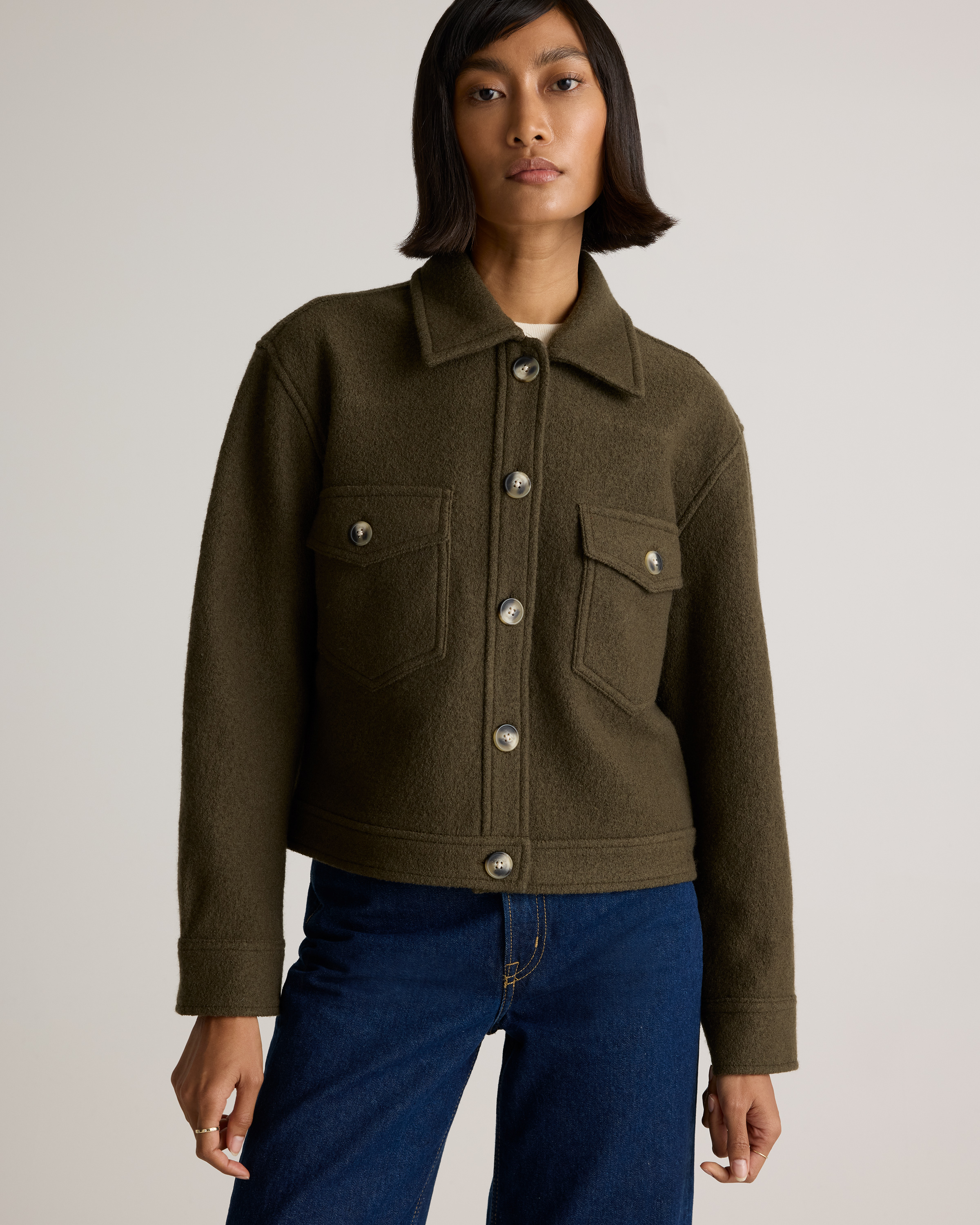 100% Merino Wool Cropped Shirt Jacket in Olive Grove