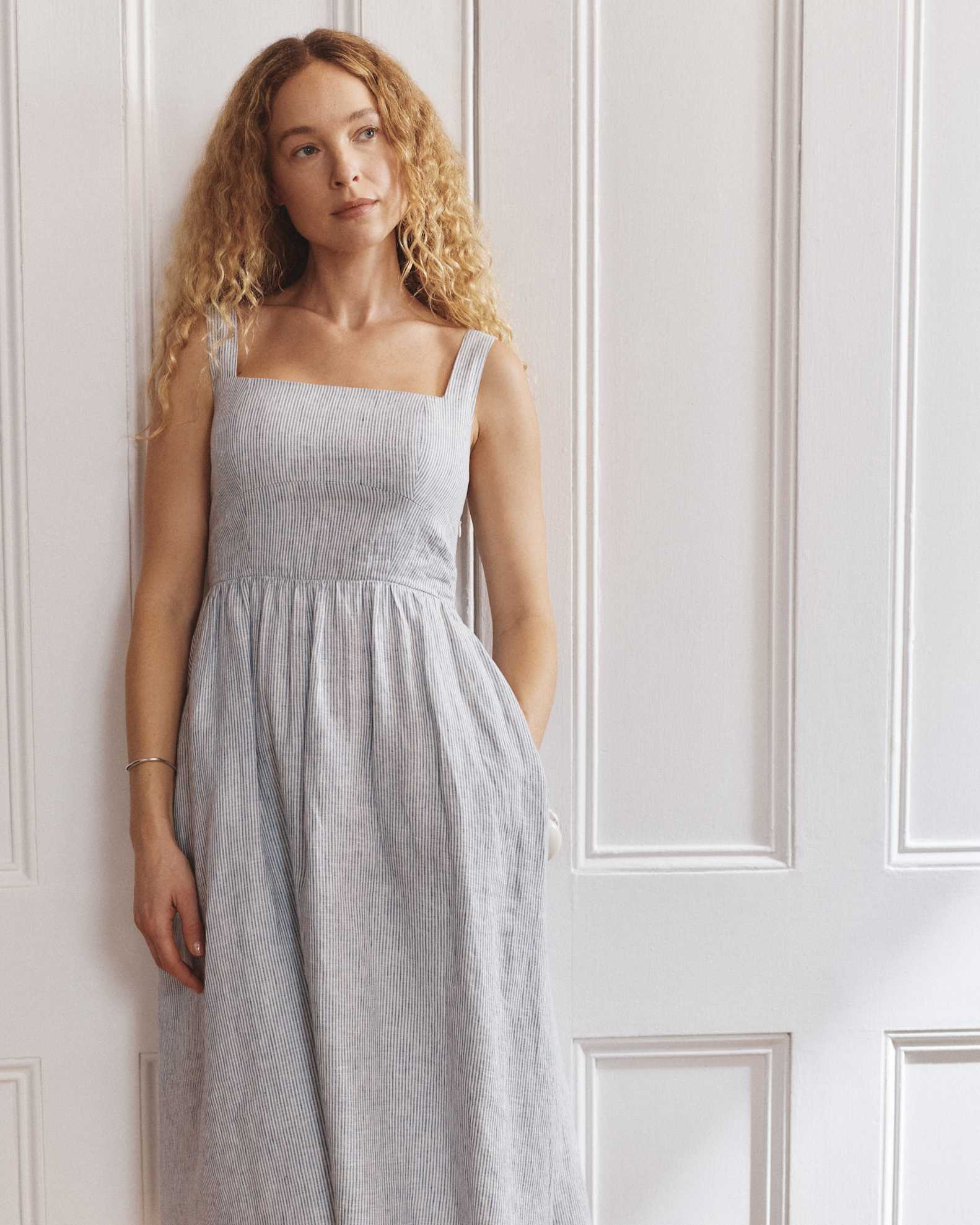 100% European Linen Fit & Flare Midi Dress in Blue Pinstripe 100% European Linen Fit & Flare Midi Dress in Blue Pinstripe