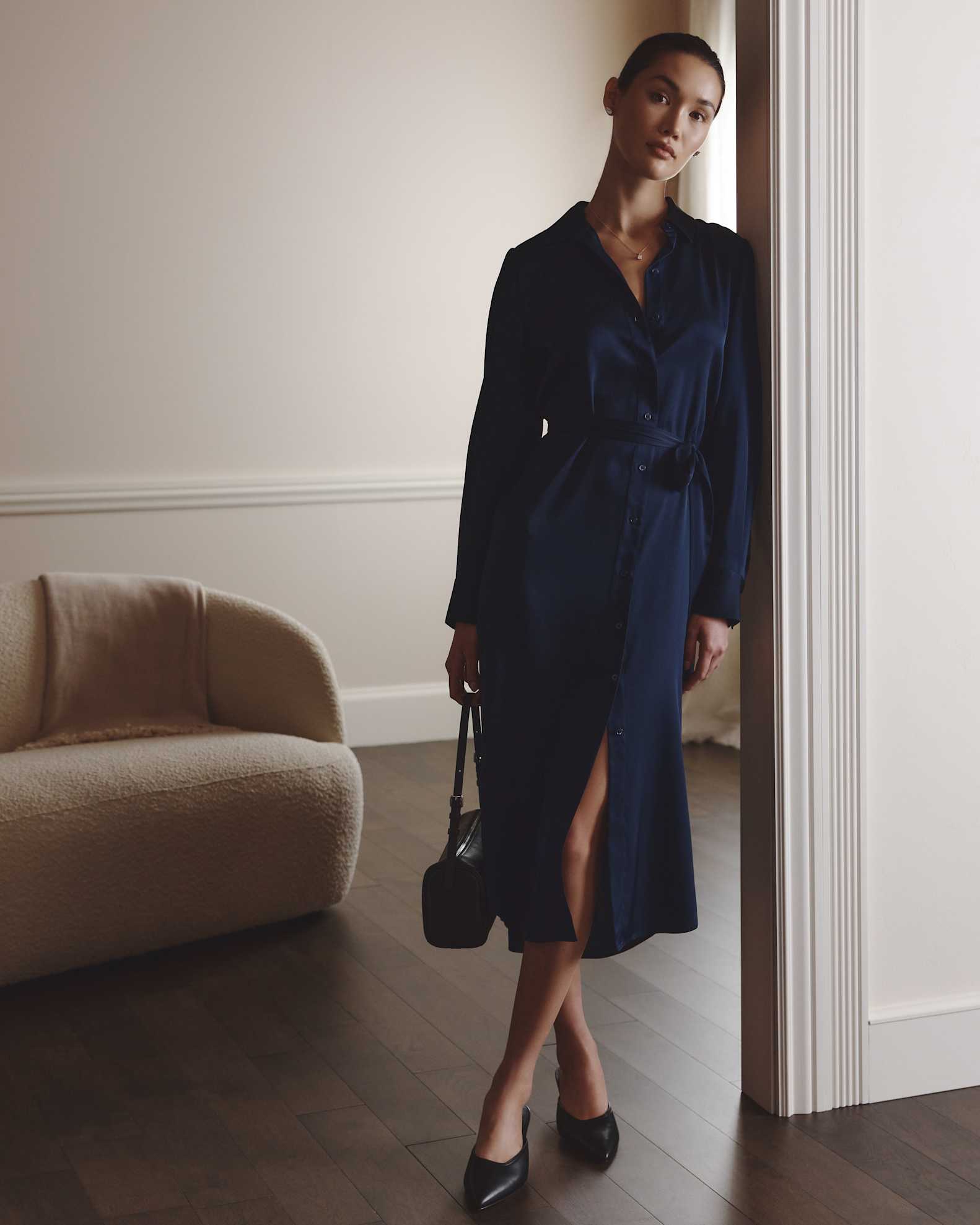 navy silk long sleeve dress I2CRAZY Navy Blue Long Sleeve Satin Dress for Women Fall High Waisted V Neck A-line Maxi Dress-S
