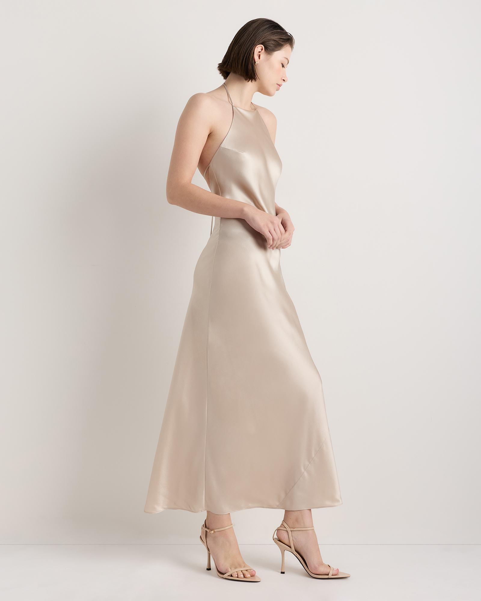 blush pink halter dress Light Pink Satin Bow Back Halter Neck Dress – Désir Couture main image 1