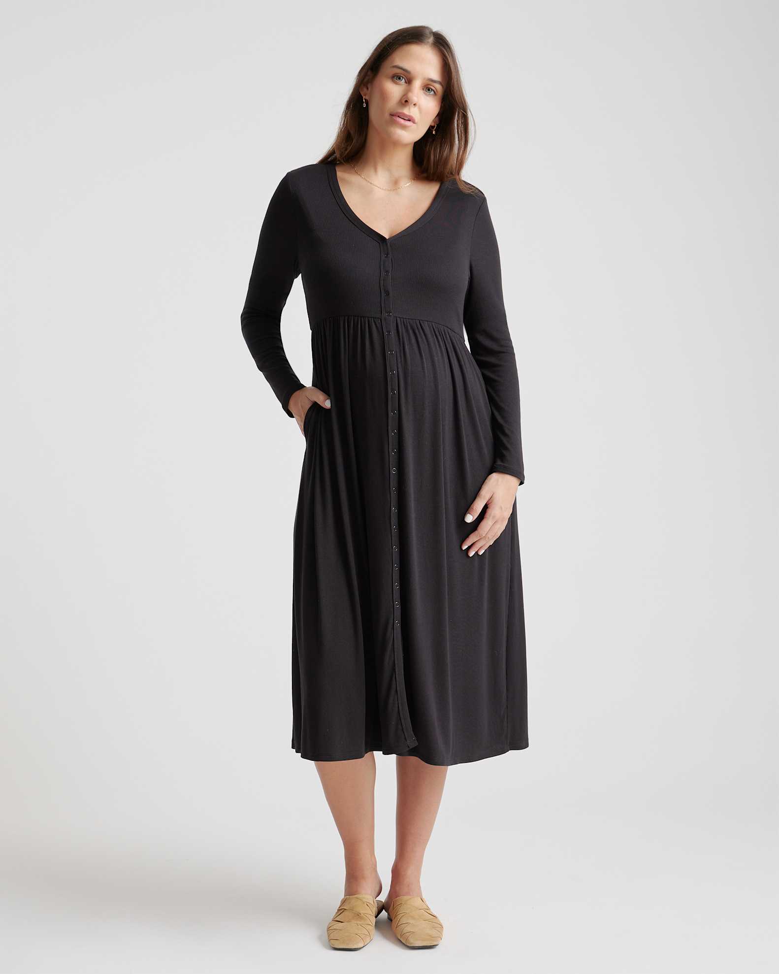 Tencel Rib Maternity & Nursing Button Front Dress in Black Tencel Rib Maternity & Nursing Button Front Dress in Black