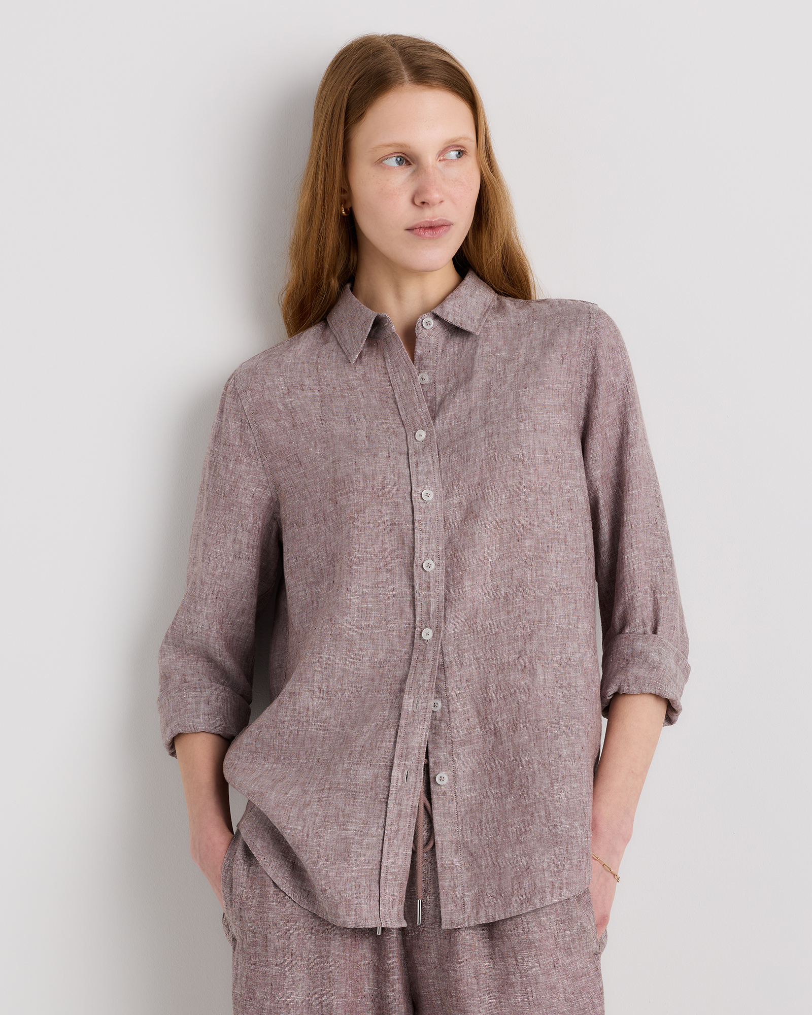 Taupe Brown Chambray 100% European Linen Long Sleeve Shirt