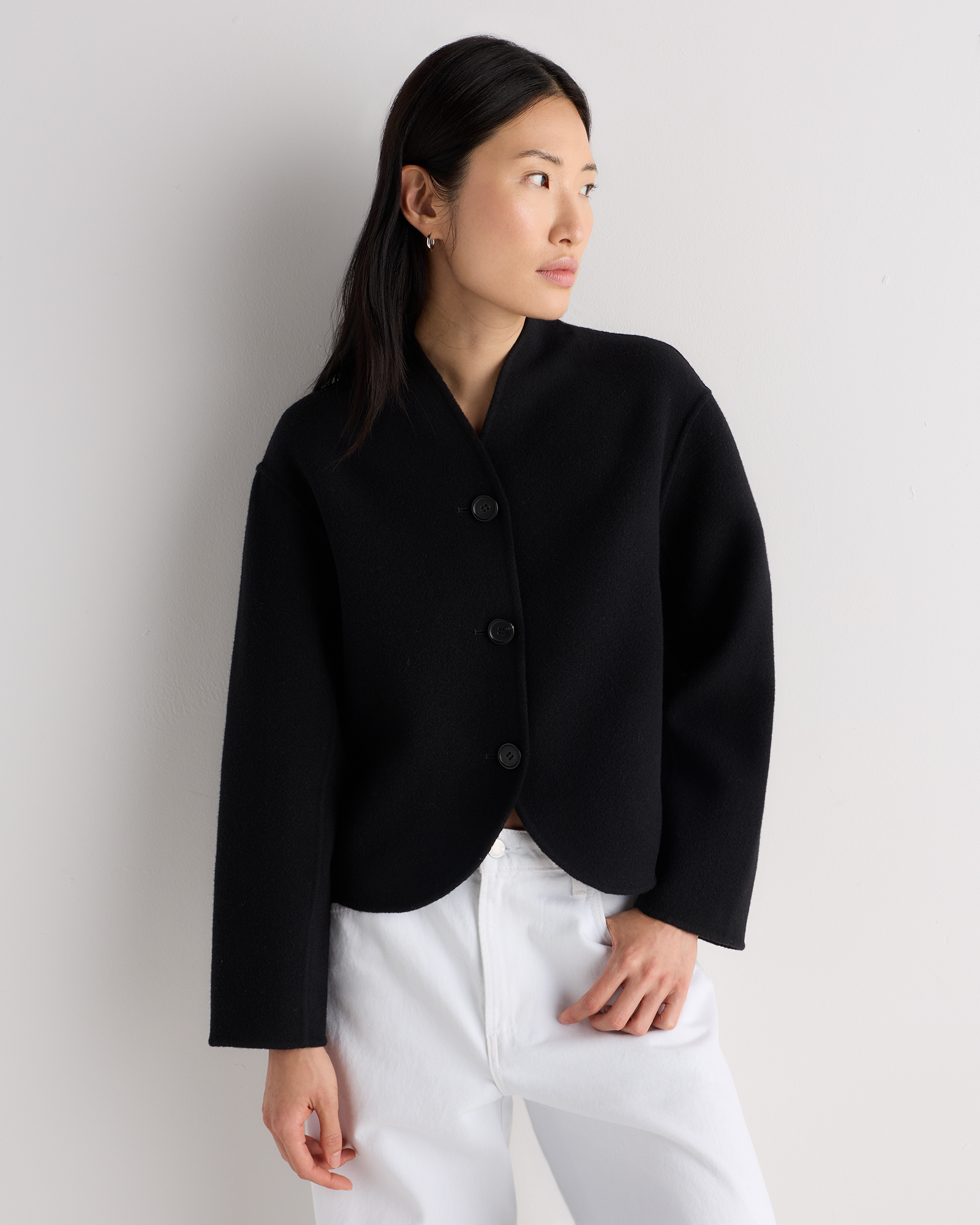 Black Double-Faced Merino Wool Collarless Cropped Jacket