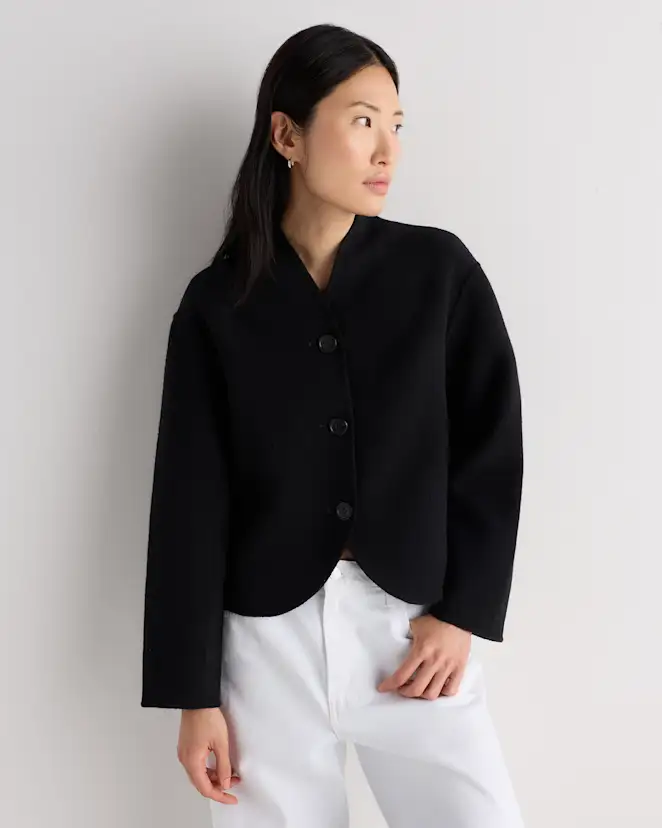 Black Double-Faced Merino Wool Collarless Cropped Jacket